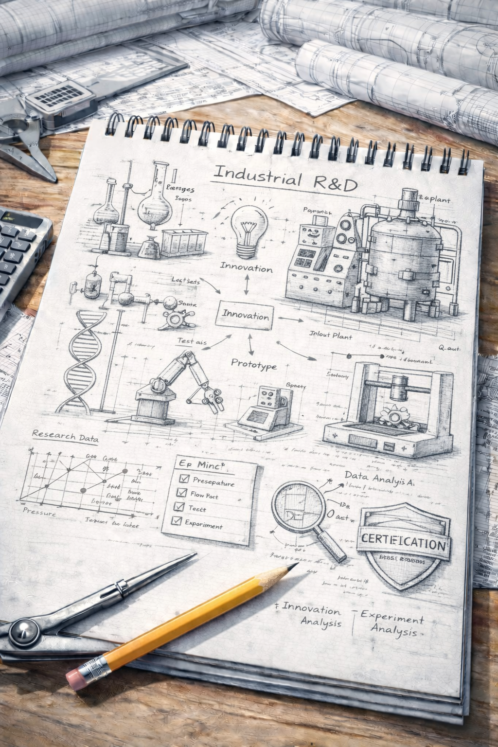 Sketches of scientific equipment and research data on a sheet titled 'Industrial R&D' with blueprints, a DNA helix, laboratory glassware, a robotic arm, a magnifying glass, and a certification badge scattered around on a wooden desk.