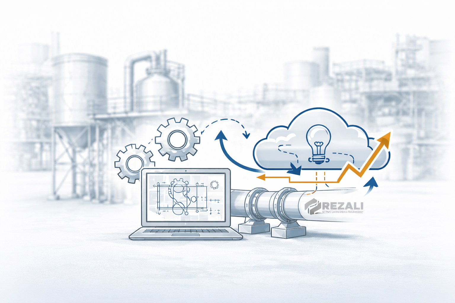 Industrial background with digital graphic overlay showing gears, a laptop with technical drawings, a cloud with a light bulb, and an upward trending arrow representing innovation and process optimization.