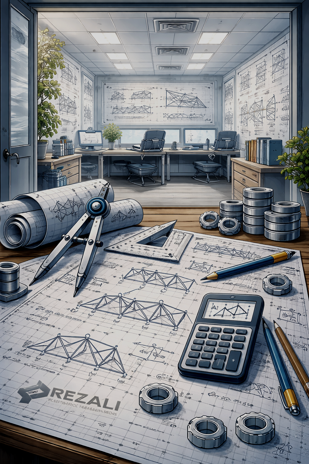 Architectural blueprints, a compass, calculator, and mechanical parts on a desk in an office. Blueprints are rolled and on paper, with technical drawings, charts, and notes. The office features plants, books, and chairs, with large windows and wall diagrams of structural designs.