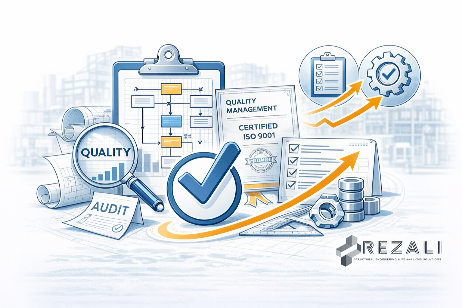 Illustration depicting quality management, ISO 9001 certification, audit reports, flowcharts, magnifying glass, checklists, upward trending arrows, gears, and stacks of coins, representing quality assurance and process improvement in engineering.