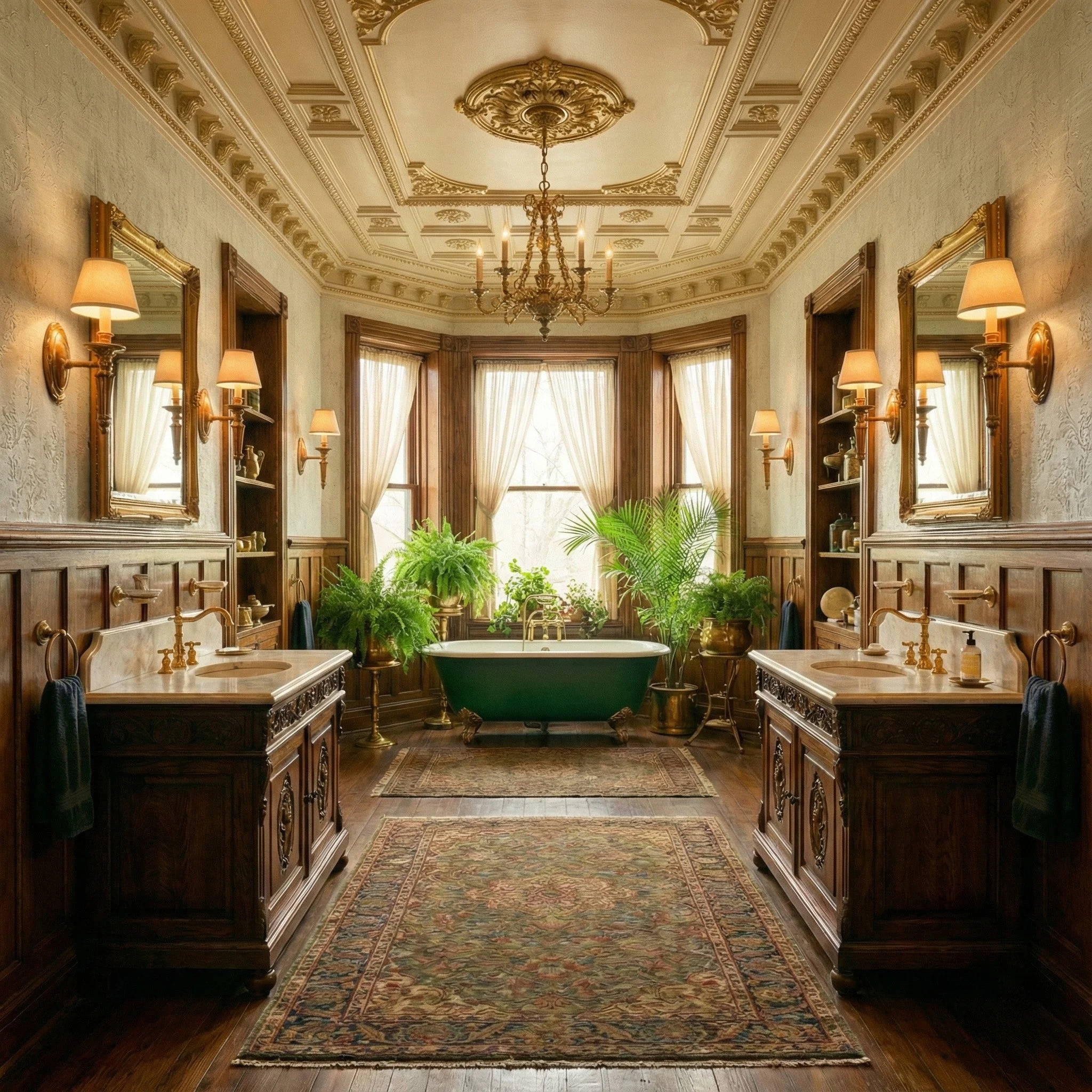 A vintage bathroom with a bathtub by large bay windows, surrounded by plants. Wooden cabinets and wainscoting, ornate ceiling molding, chandelier, and wall sconces with lamps. Rugs on a dark wood floor.