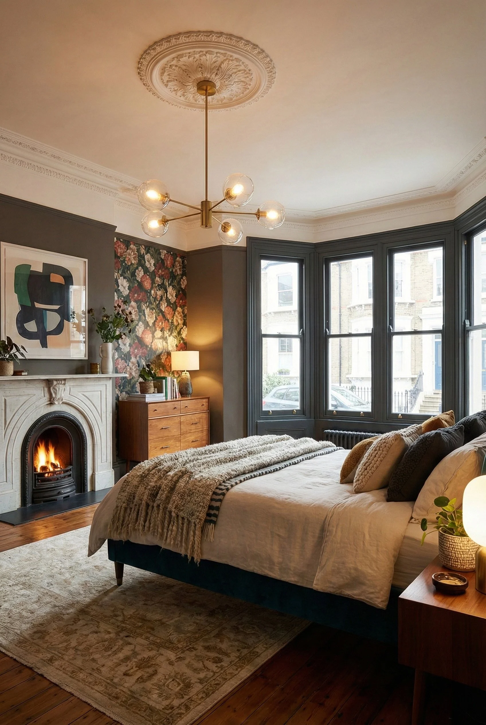 A bedroom with a white fireplace, a bed with multiple pillows and a blanket, a wooden dresser with a lamp, a colorful floral accent wall, large windows with dark frames, and a modern chandelier with glass globes.