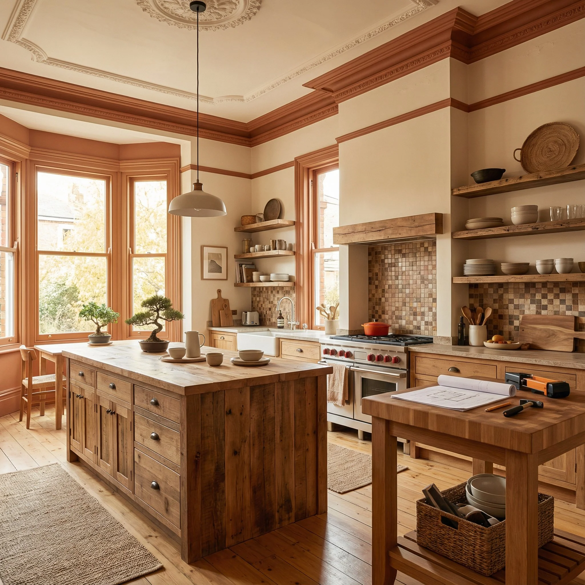 A cozy kitchen with natural wood cabinets, an island, open shelves with dishes, large windows, and a tile backsplash around the stove.