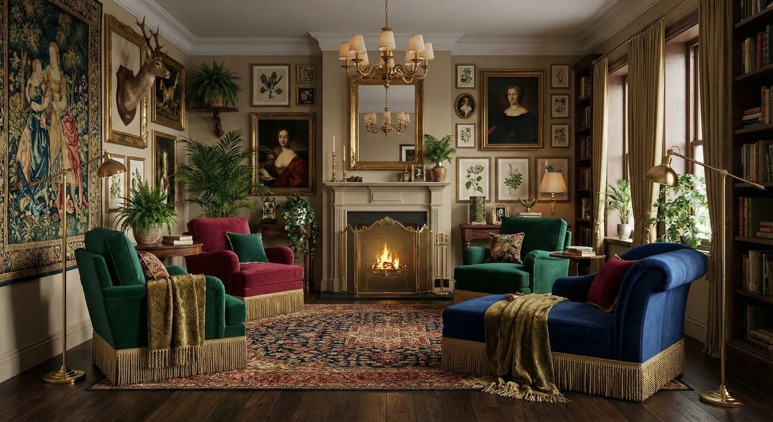 Elegant living room with a fireplace, colorful velvet armchairs, vintage rugs, framed artwork, potted plants, and warm lighting.