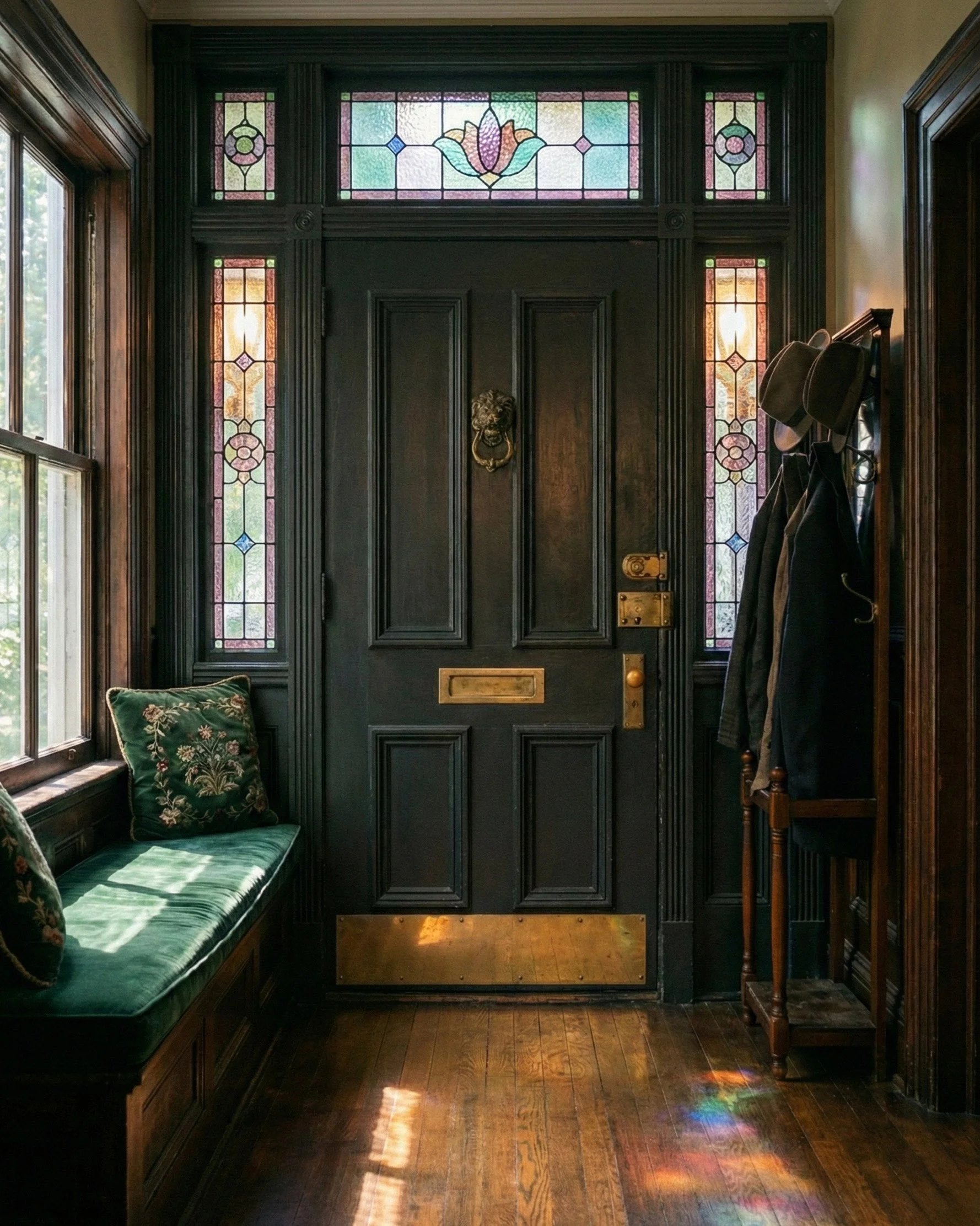 A dark wooden front door with stained glass windows above and on the sides, featuring geometric and floral designs. To the left, a window seat with green cushions and embroidered pillows. To the right, a coat rack with hats and coats, and warm natural light streaming in.