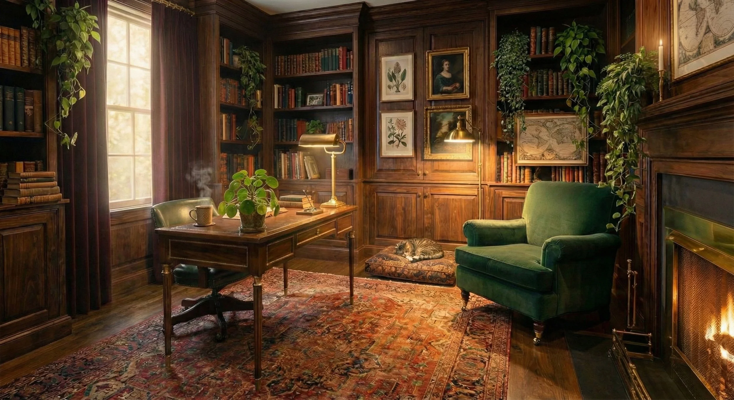 A cozy, traditional study room with wooden bookshelves, a green armchair, a wooden desk with a lamp and coffee mug, and a cat resting on a cushion near the fireplace. Potted plants, framed artwork, and a large window letting in natural light decorate the space.