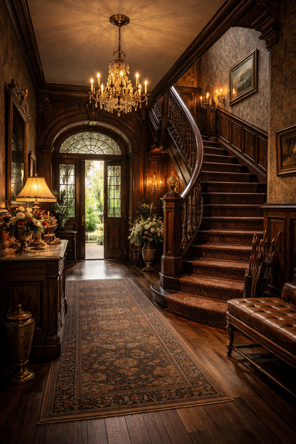 A Victorian-style entryway with dark wooden paneling, a staircase with a curved banister, chandelier, floral arrangements, a rug, and a front door with glass panels.