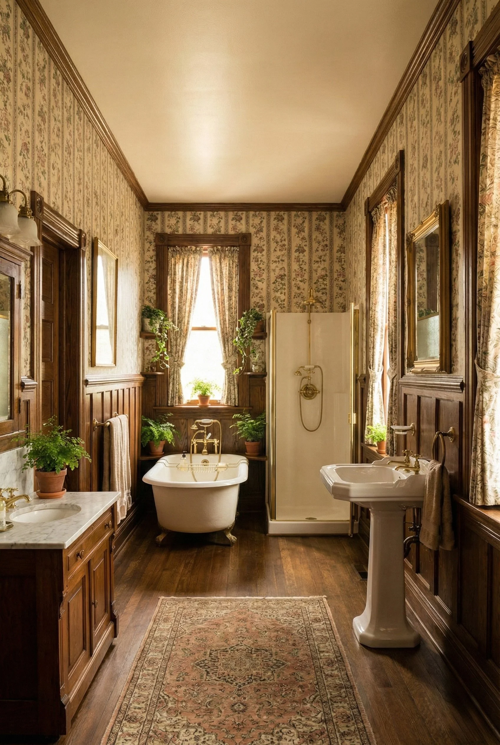 A vintage bathroom with wood-paneled walls, floral wallpaper, hardwood floors, and traditional fixtures. Features include a white clawfoot bathtub, a marble-topped sink, a shower stall, and potted plants near the windows with floral curtains.