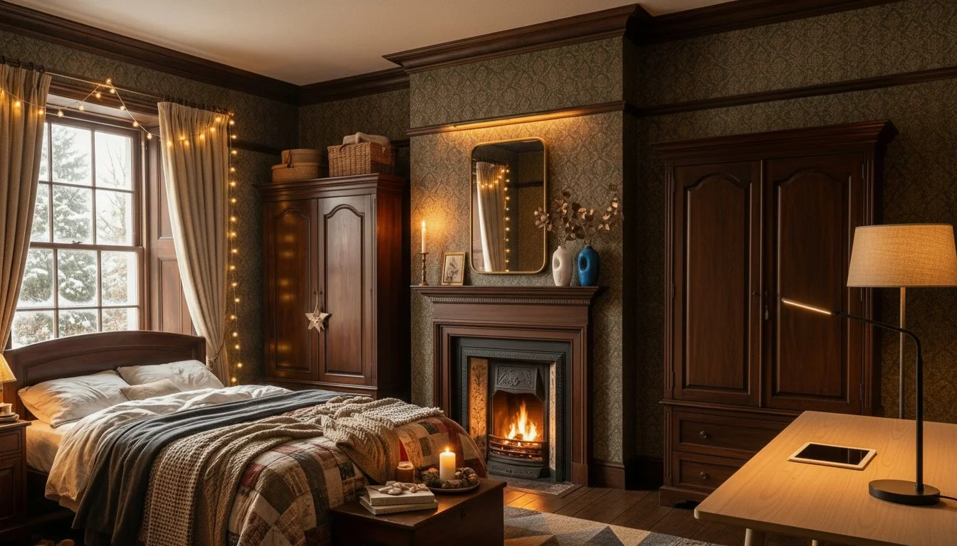 A cozy bedroom with a lit fireplace, a large wooden wardrobe, a mirror above the fireplace, and warm lighting, including fairy lights in the window and a bedside lamp.