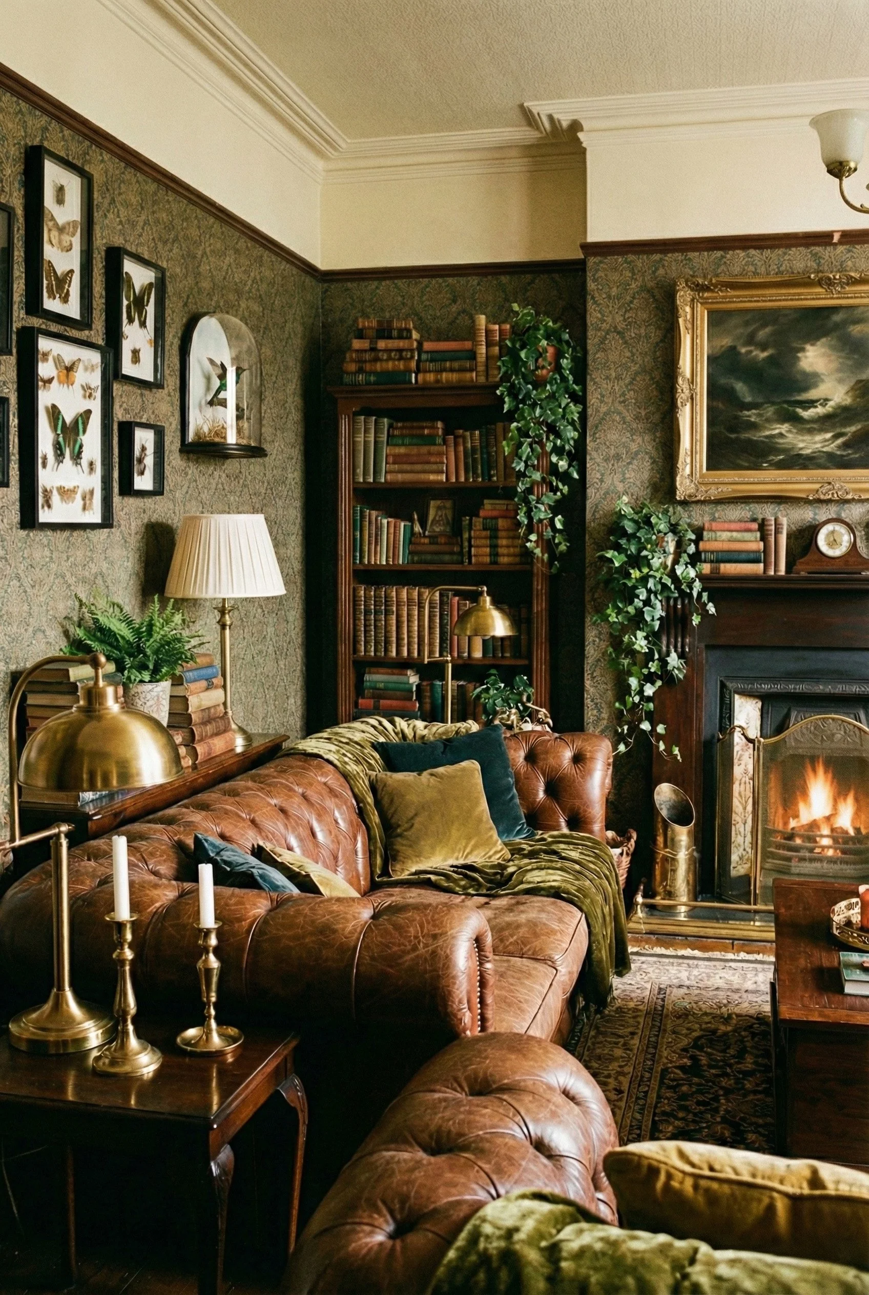 A vintage living room with a leather tufted sofa, green and gold pillows, a wooden coffee table, a fireplace with a fire, bookshelves filled with books, framed butterfly art on wall, a lamp, plants, and decorative items.