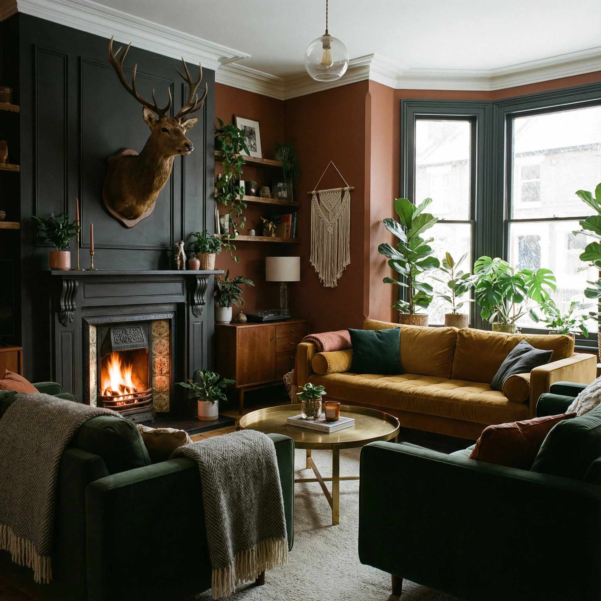 A cozy living room with a lit fireplace, a mounted deer head on the black fireplace wall, and several green potted plants near large windows. There is a yellow couch, green armchairs, a round coffee table, and various decorative items and books on shelves.