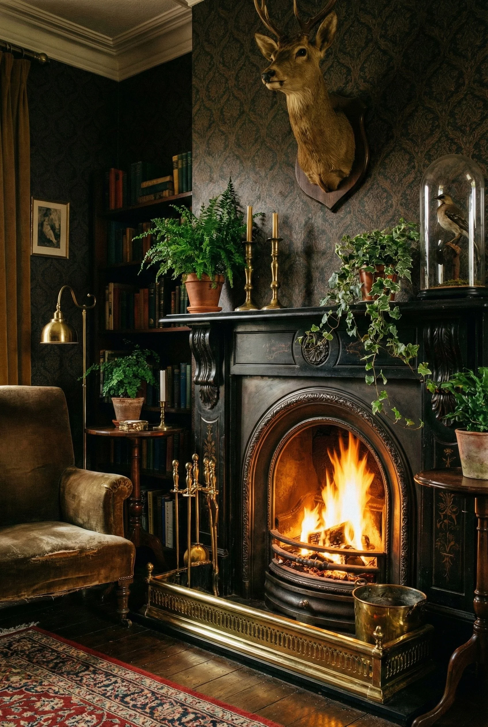 A cozy vintage living room with a lit fireplace, green plants, books, and a mounted deer head on the wall.