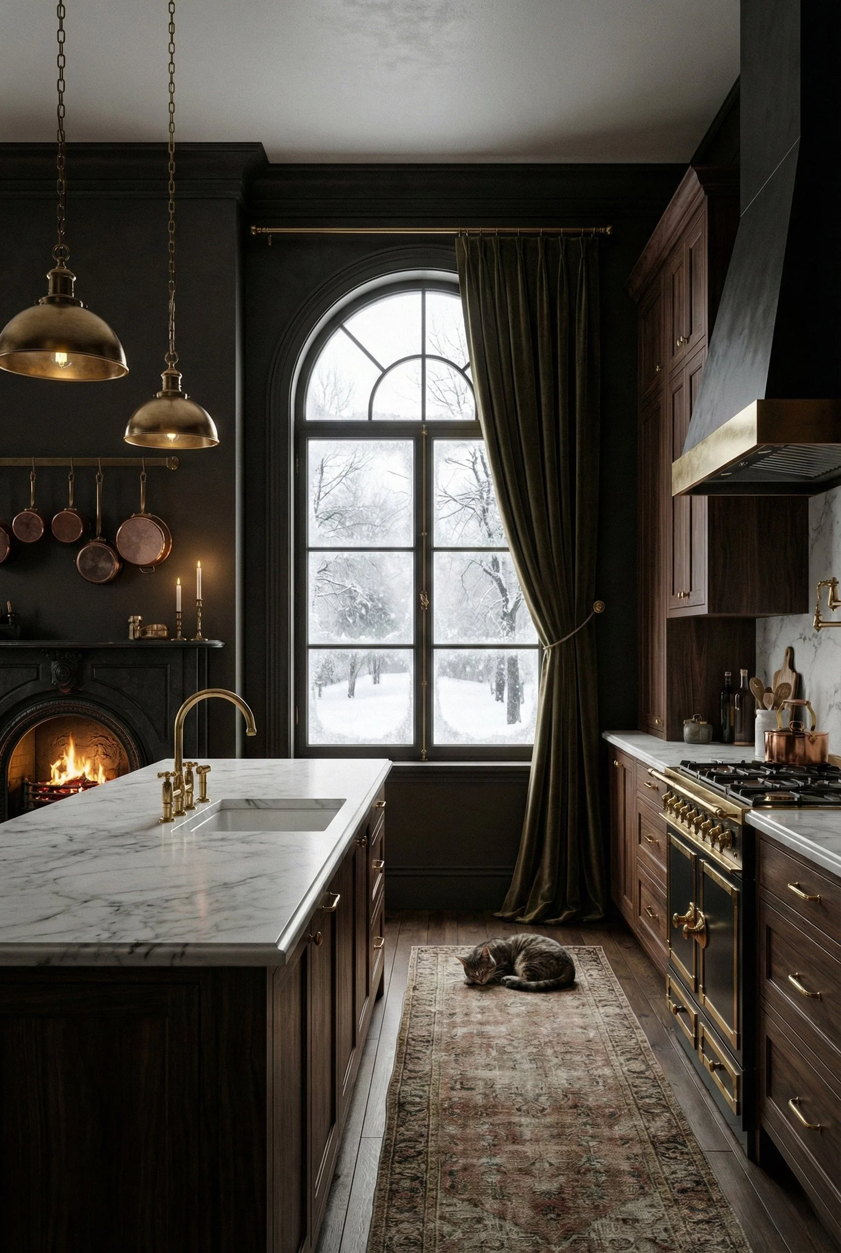 A luxurious kitchen with dark cabinetry, a marble island, and a large arched window showing a snowy landscape outside. There is a cat lying on a vintage rug near the oven, and the room has warm lighting from hanging pendant lights and a fireplace.