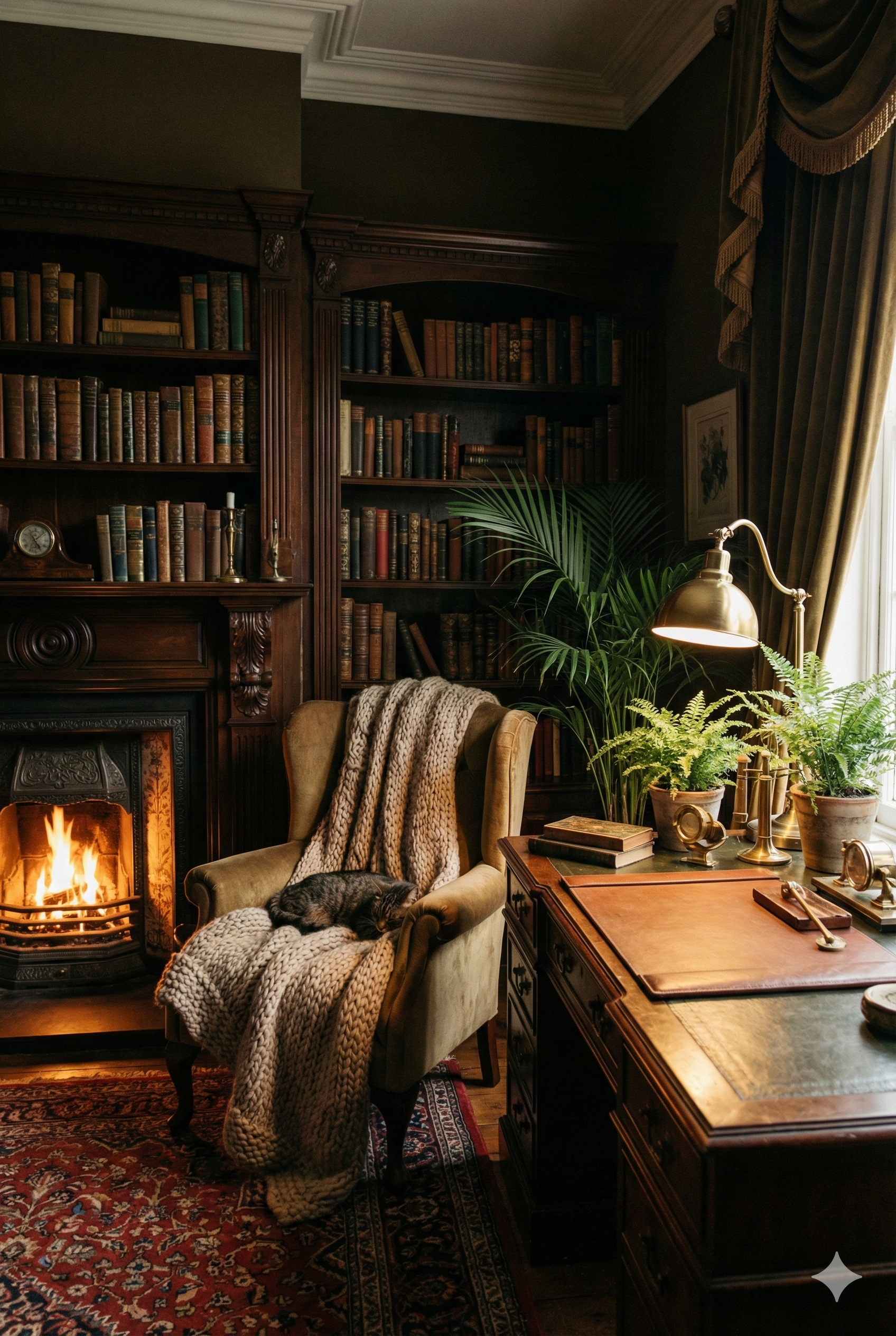 A cozy living room with a fireplace, a green armchair draped with a chunky knit blanket, and a sleeping cat. There is a wooden desk with plants, books, and decorative items near a window with curtains. A large wooden bookshelf filled with old books lines the wall behind the fireplace.