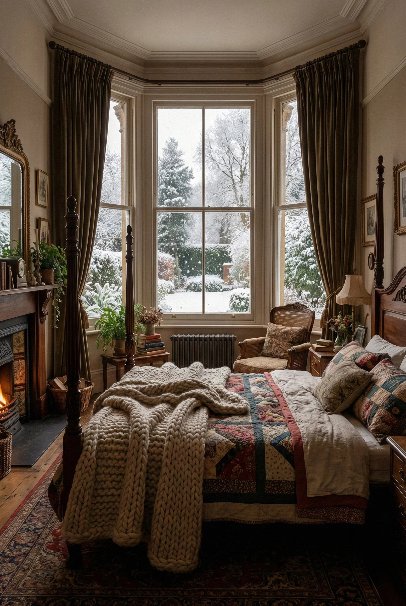 A cozy bedroom with a large bay window showing a snowy outdoor scene, a four-poster bed with a patchwork quilt and pillows, a chunky knit blanket, a fireplace, and curtains framing the view.