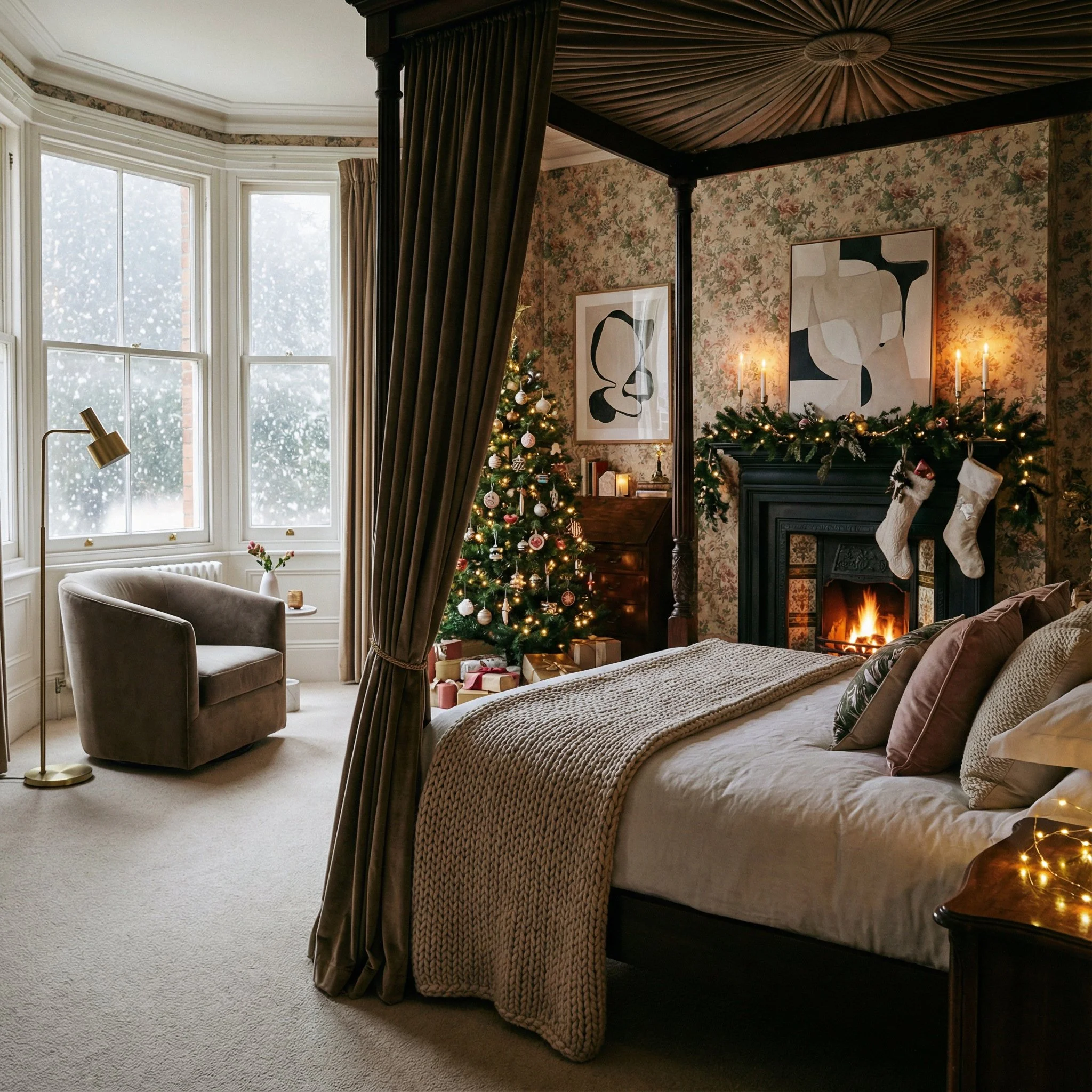 A cozy bedroom decorated for Christmas. There is a Christmas tree with lights and ornaments near a window, a fireplace with stockings hanging, and a bed with a knitted blanket and pillows. The room has floral wallpaper, framed artwork, and warm lighting.