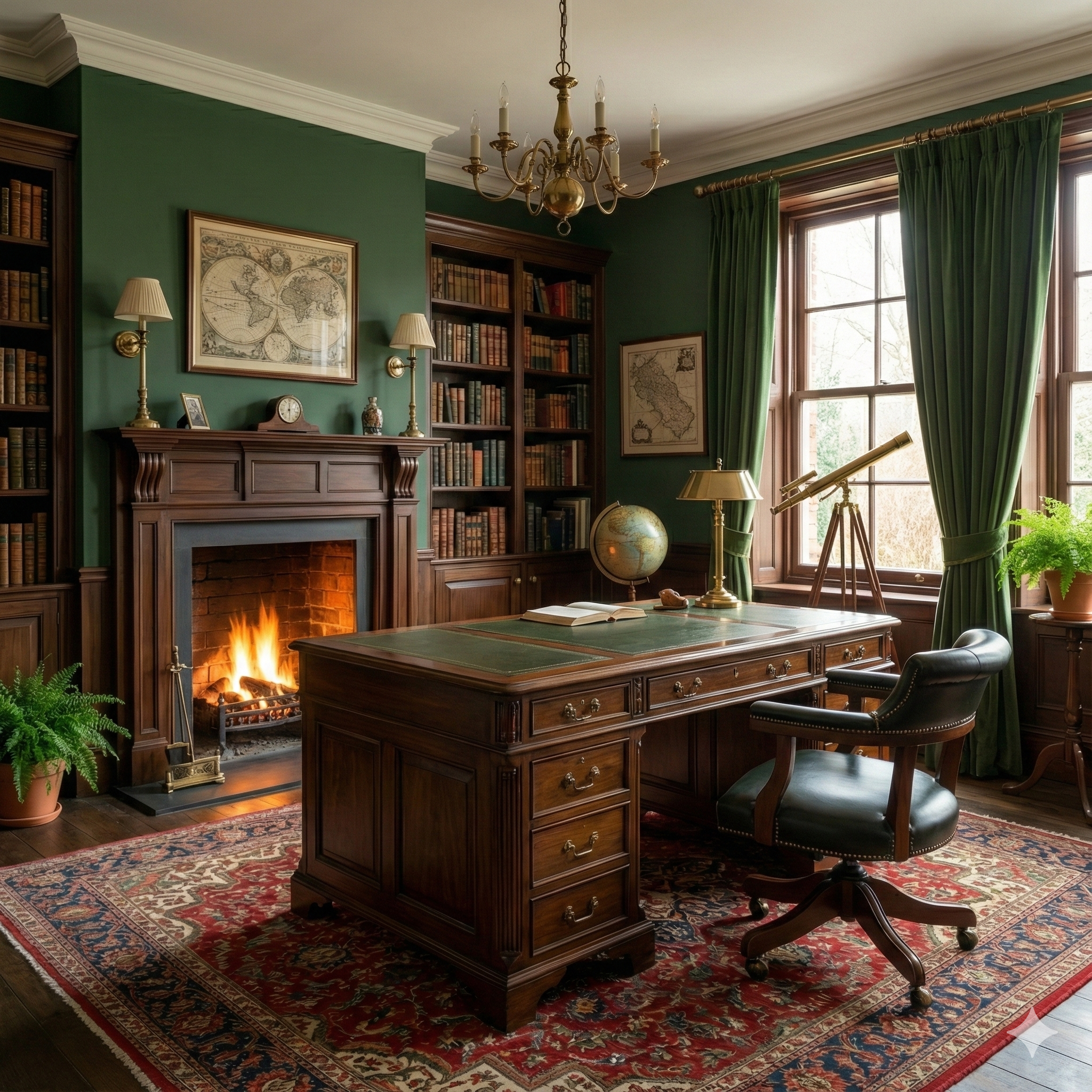 A traditional home office with a wooden desk, leather chair, and a fireplace. There are bookshelves, framed maps, a globe, a telescope, and a chandelier. Green curtains and potted plants adorn the room.