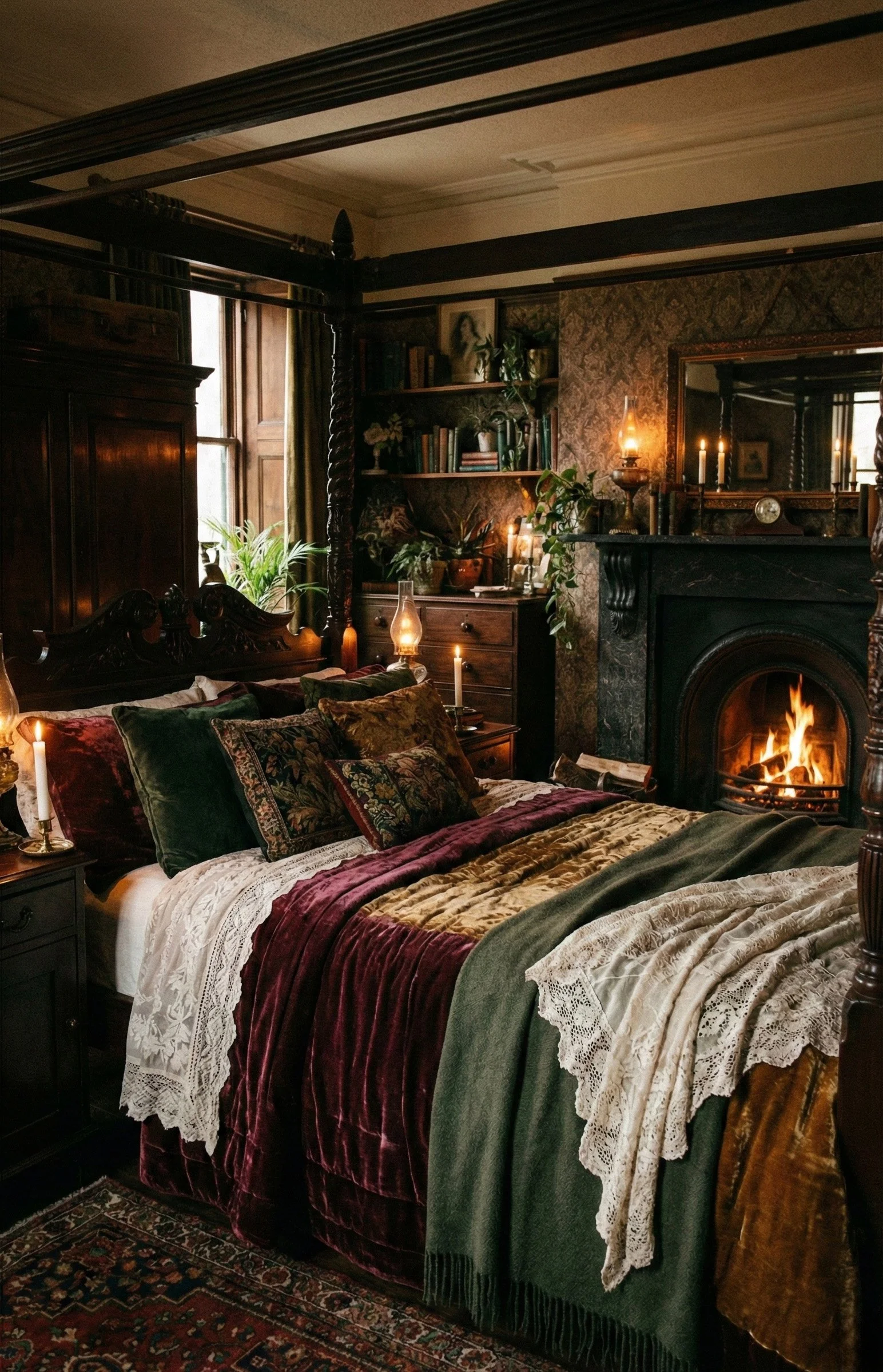 A cozy vintage bedroom with a lit fireplace, a four-poster bed with velvet and lace bedding, multiple decorative pillows, wooden furniture, and shelves filled with books, candles, and plants.