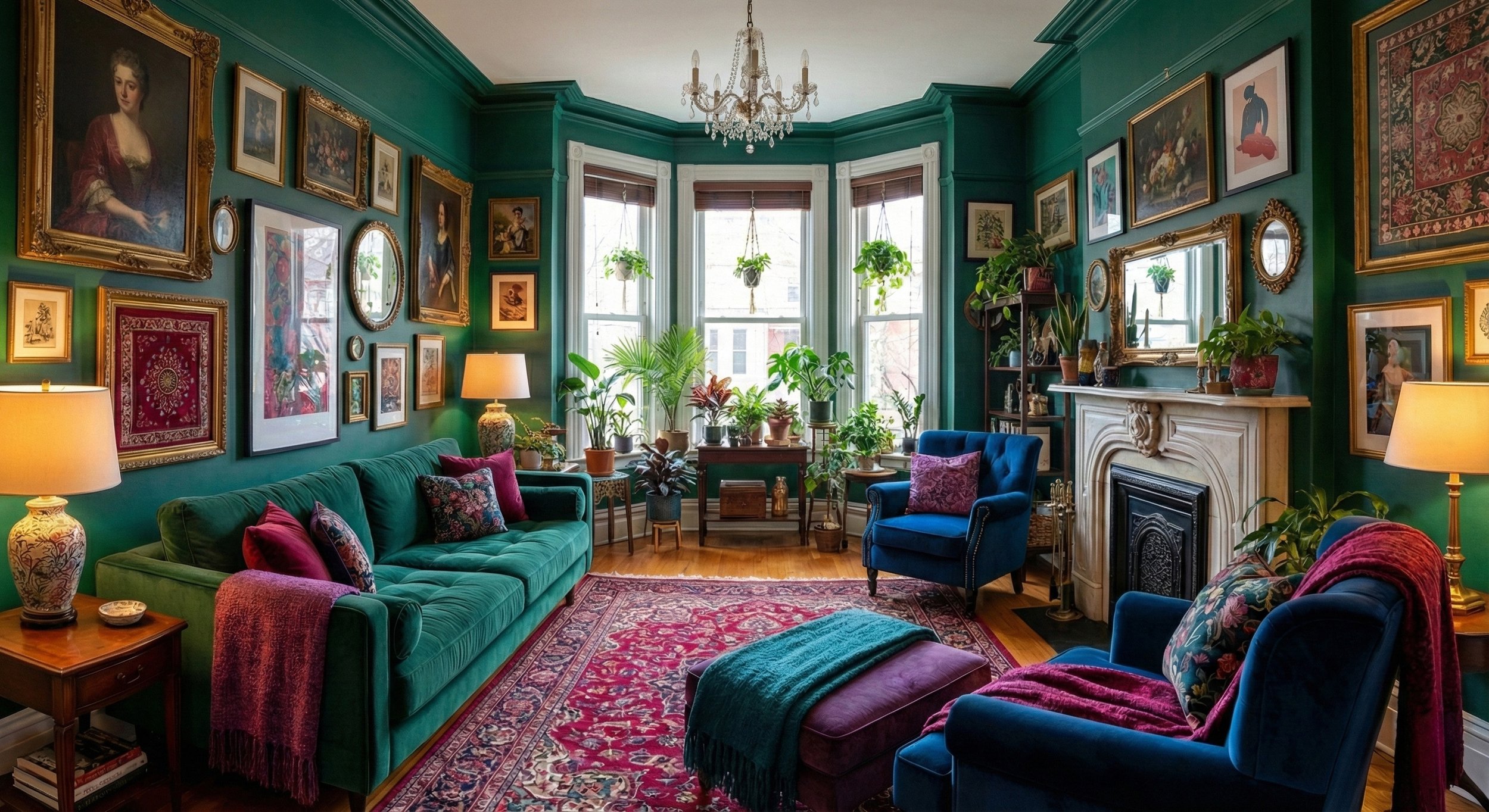 Decorative living room with green walls, ornate framed artwork, a marble fireplace, blue and green velvet furniture, plants on the windowsills, and a chandelier hanging from the ceiling.