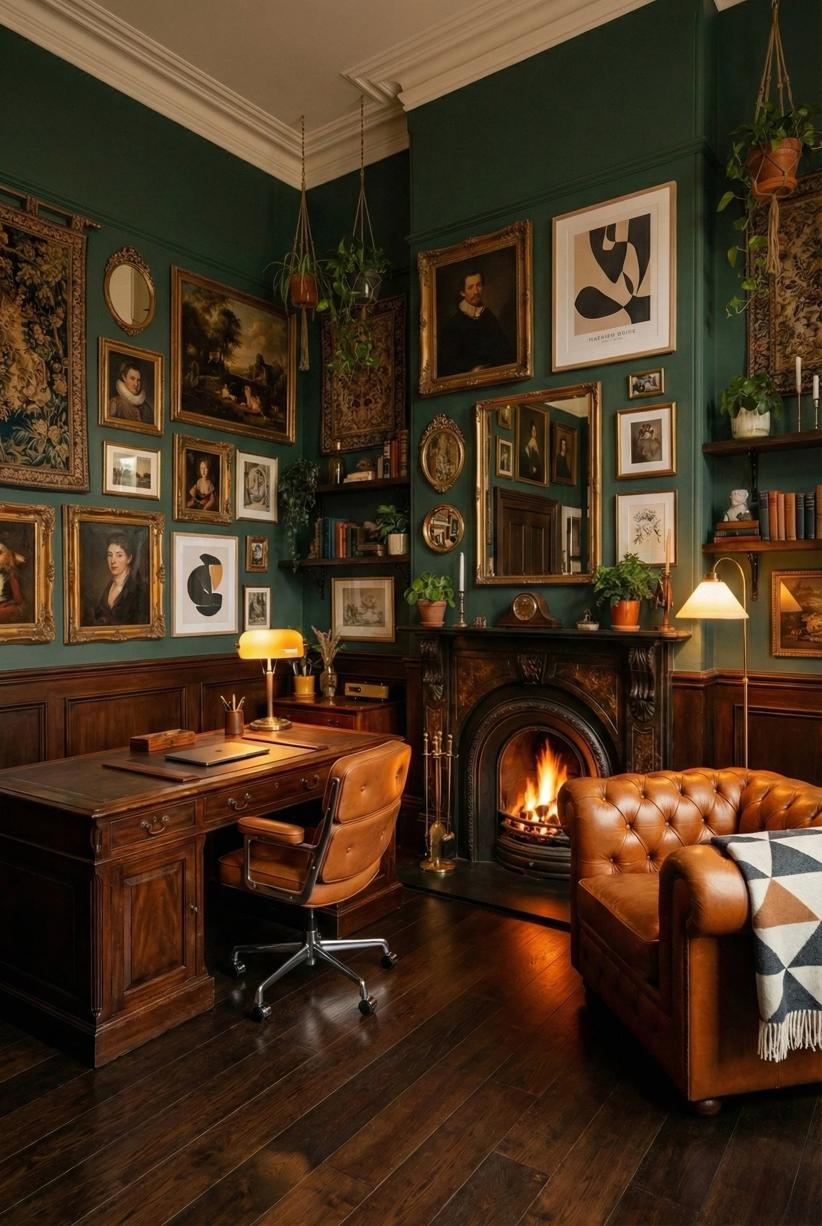 A cozy room with dark wooden floors and green walls decorated with many framed paintings and mirrors. There is a wooden desk with an office chair, a lit table lamp, and a laptop. A fireplace with a burning fire is against the wall, near a leather armchair with a patterned blanket draped over it. Potted plants hang from the ceiling.