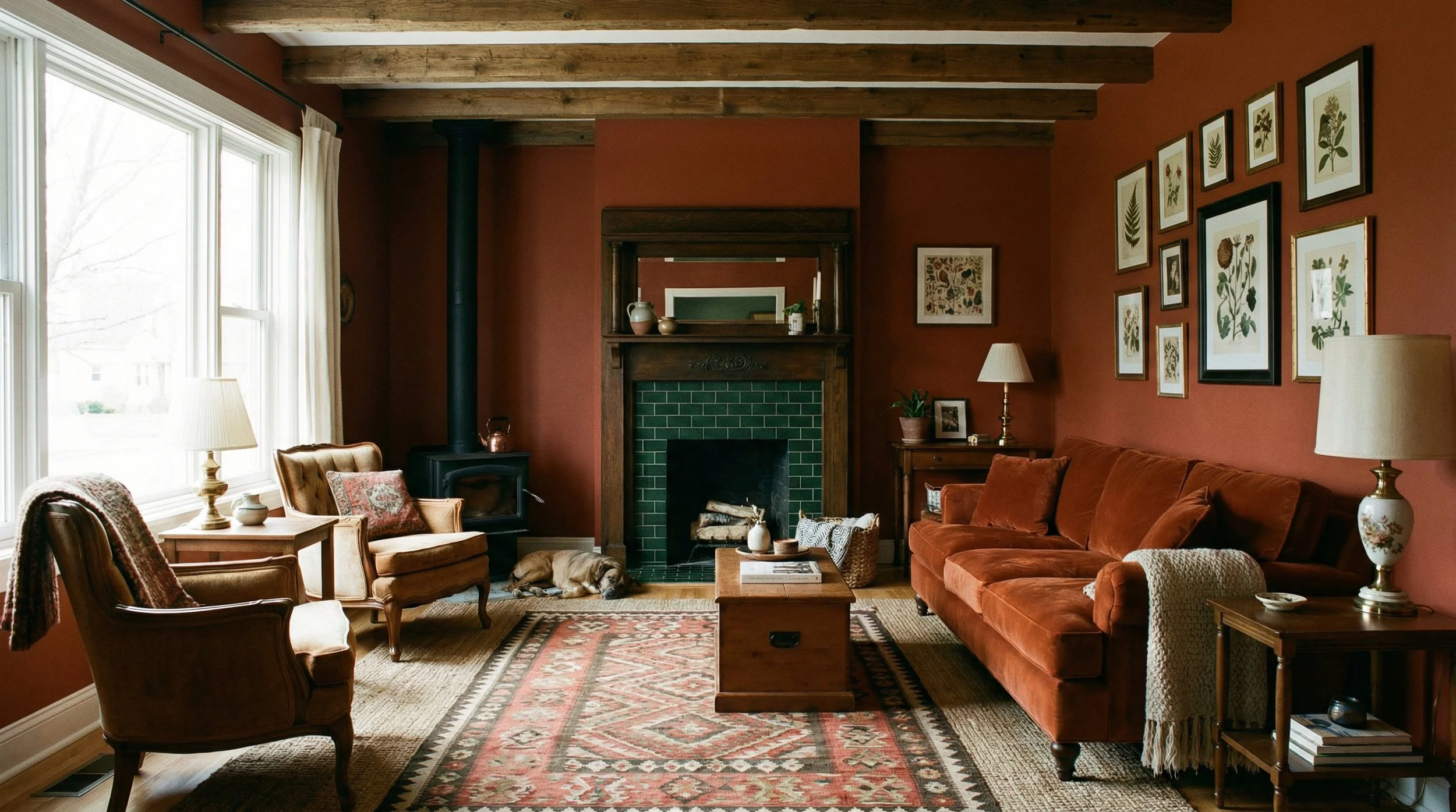 Living room with rust-colored walls, wooden ceiling beams, large window with white curtains, vintage furniture, a red velvet sofa, an armchair, a wood stove, fireplace with green tiles, and a dog resting on the rug.