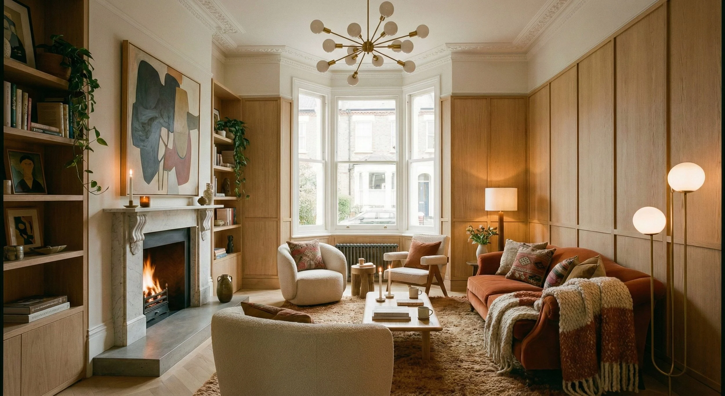 Cozy living room with a fireplace, large bay window, and mid-century modern furniture. Includes a red sofa with patterned pillows, a white armchair, a wooden coffee table, and standing lamps. Bookshelves on either side of the fireplace with decorative items and plants.
