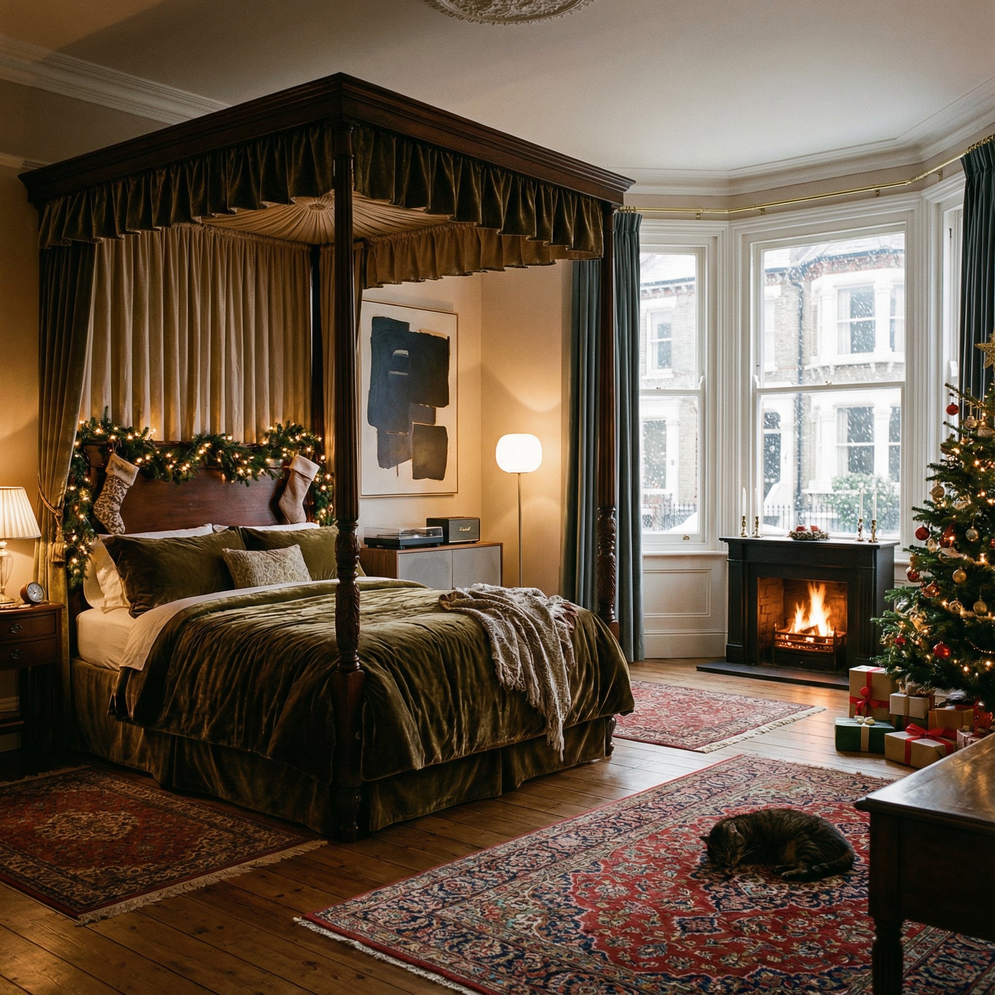 A cozy bedroom decorated for Christmas with a bed adorned with stockings and greenery, a Christmas tree with presents, a fireplace with a fire, and a window showing neighboring houses.