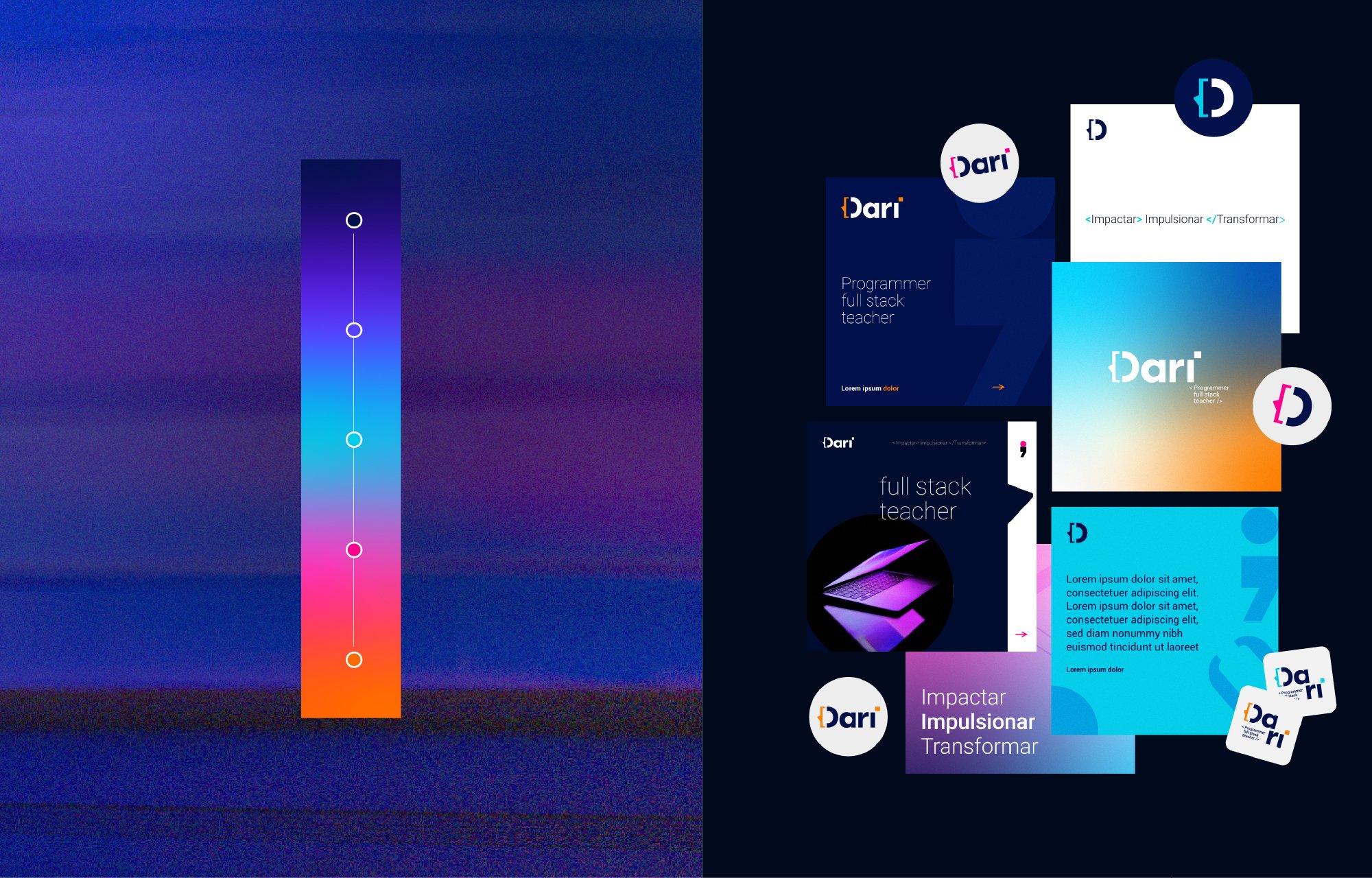 Imagem dividida em duas partes. À esquerda, um controle de volume vertical com degradê de cores de azul a rosa. À direita, uma coleção de materiais de marketing de uma marca chamada Dari, incluindo cartões de visita, cartões com história da marca, lo
