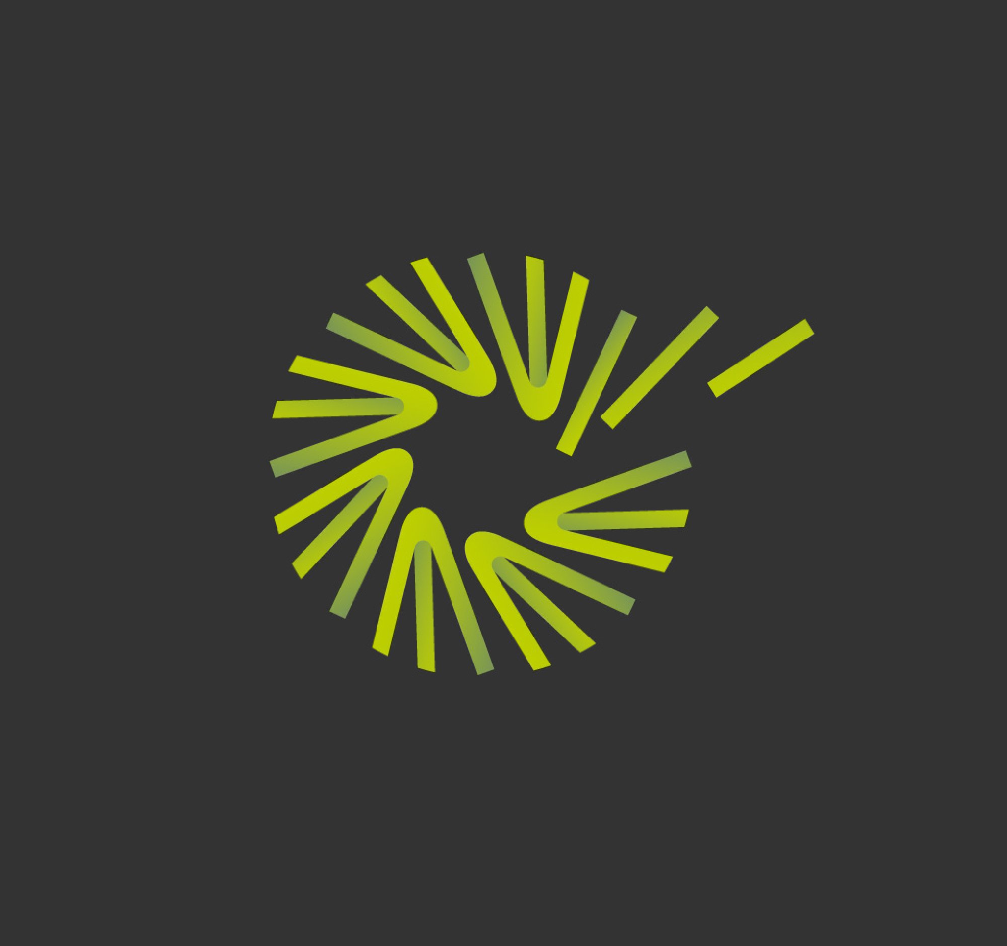 Logotipo circular com linhas verdes formando uma espécie de engrenagem ou vaso, sobre fundo cinza escuro.