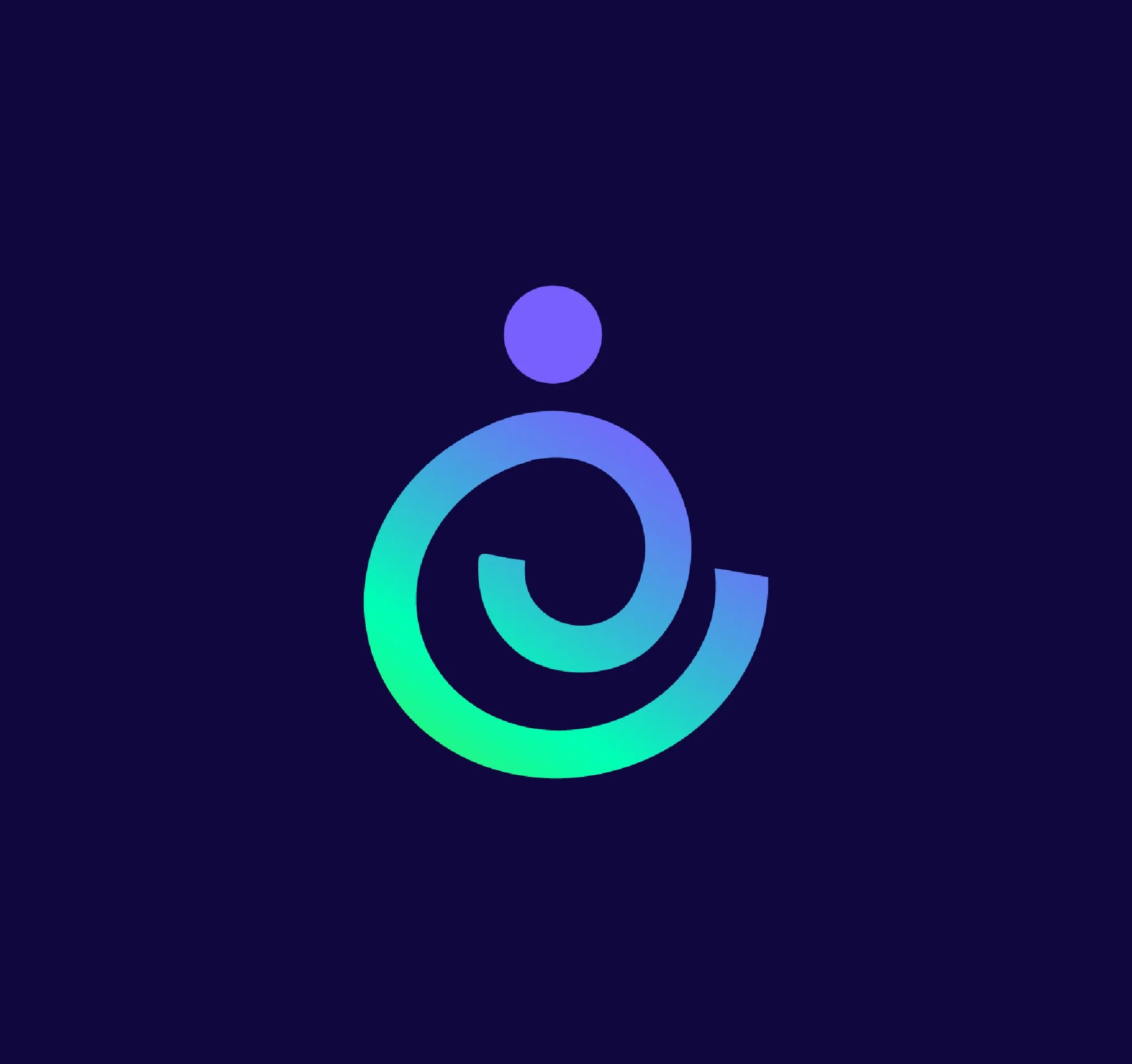 Logotipo de uma aplicação ou serviço com fundo escuro, composto por um círculo azul claro na parte superior e uma espiral azul em decomposição na parte inferior.