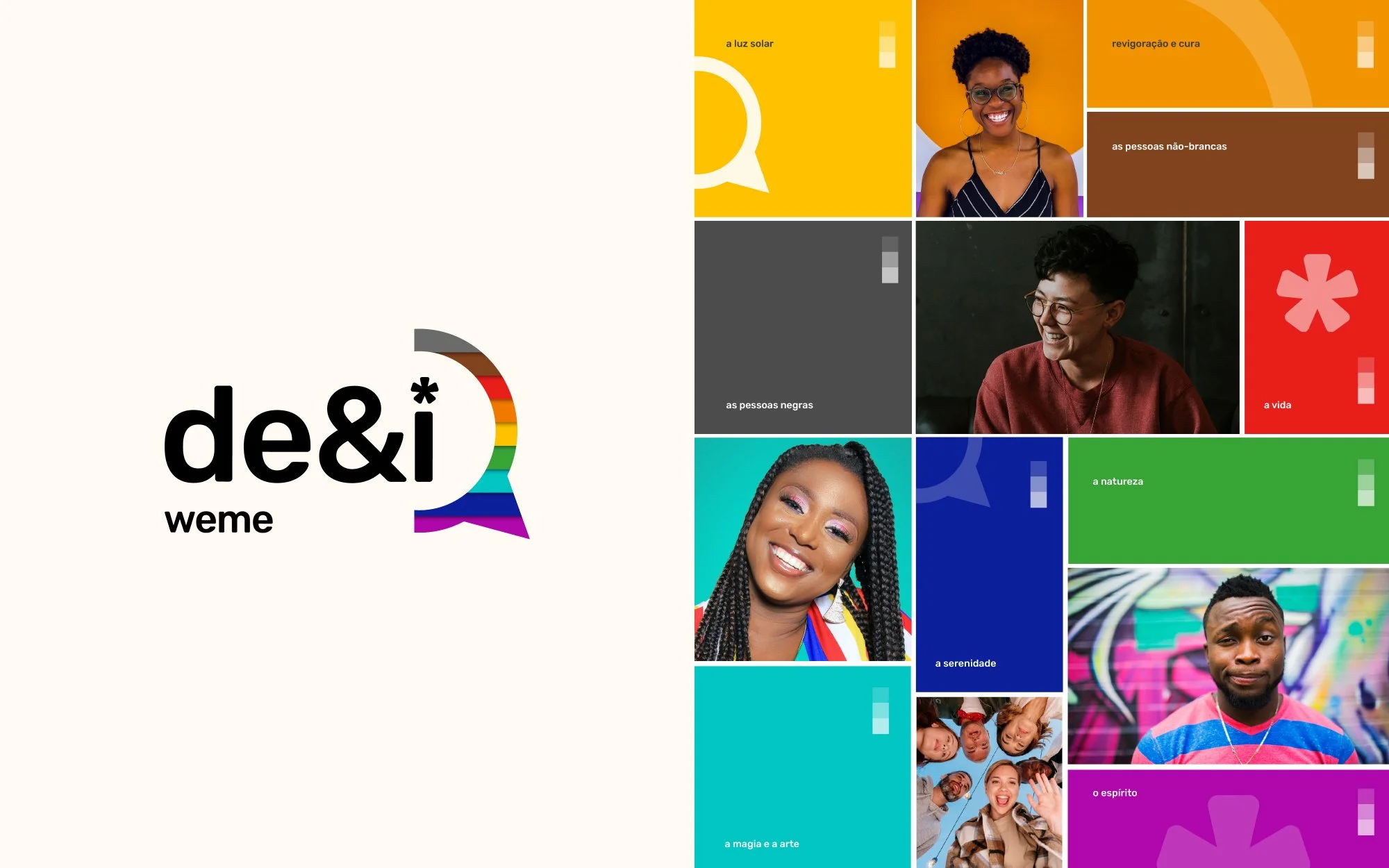 Logotipo de de&i, com cores do arco-íris e uma hashtag, ao lado de uma grade de fotos de pessoas de diferentes origens culturais e etnias, cada uma com uma legenda relacionada a temas de vida, natureza, arte e espiritualidade.