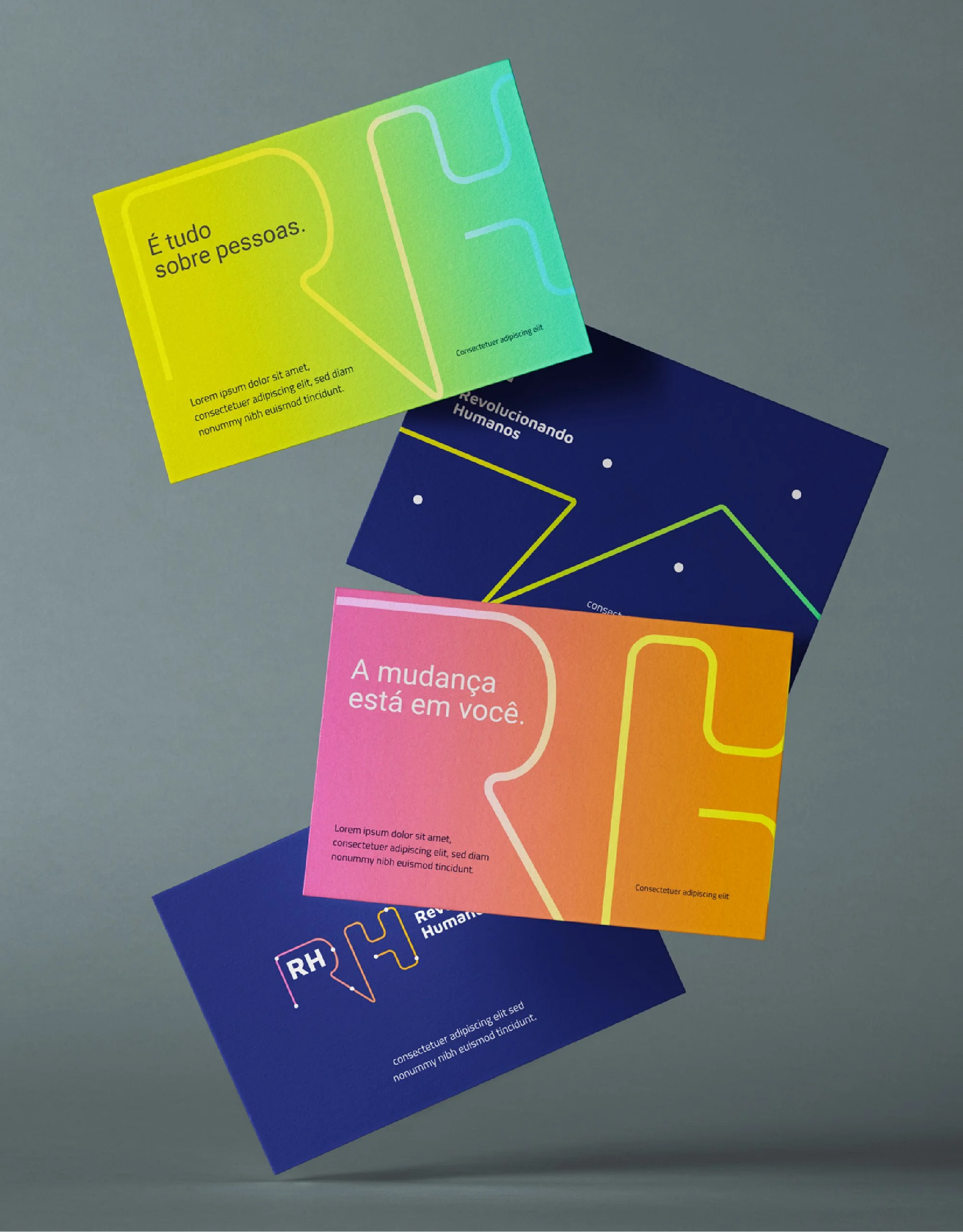 Cartões coloridos com frases motivacionais e gráficos sobre evolução humana, incluindo mensagens como "É tudo sobre pessoas" e "A mudança está em você".