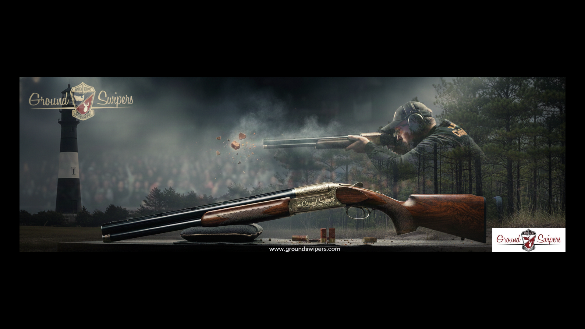 A shooting range with a rifle on a table in the foreground, a man aiming and firing a shotgun in the midground, a lighthouse on the left, and a forest in the background, with the logo 'Ground Swipers' and website 'www.groundswipers.com'