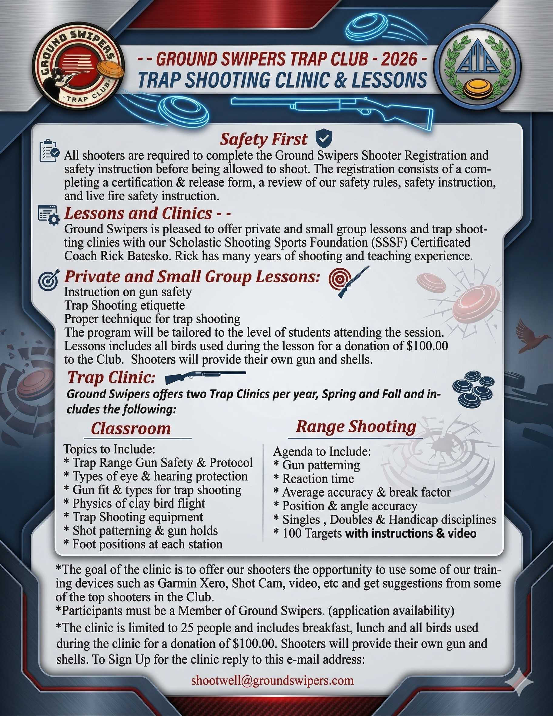 A flyer for the Ground Swipers Trap Club 2026 trap shooting clinic and lessons, featuring details about safety instructions, private and small group lessons, trap clinics in the classroom and range shooting, with bullet points on topics covered and contact email.