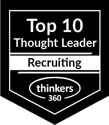 Black and white badge design with text reading "Top 10 Thought Leader Recruiting" and the logo "Thinkers 360" at the bottom.