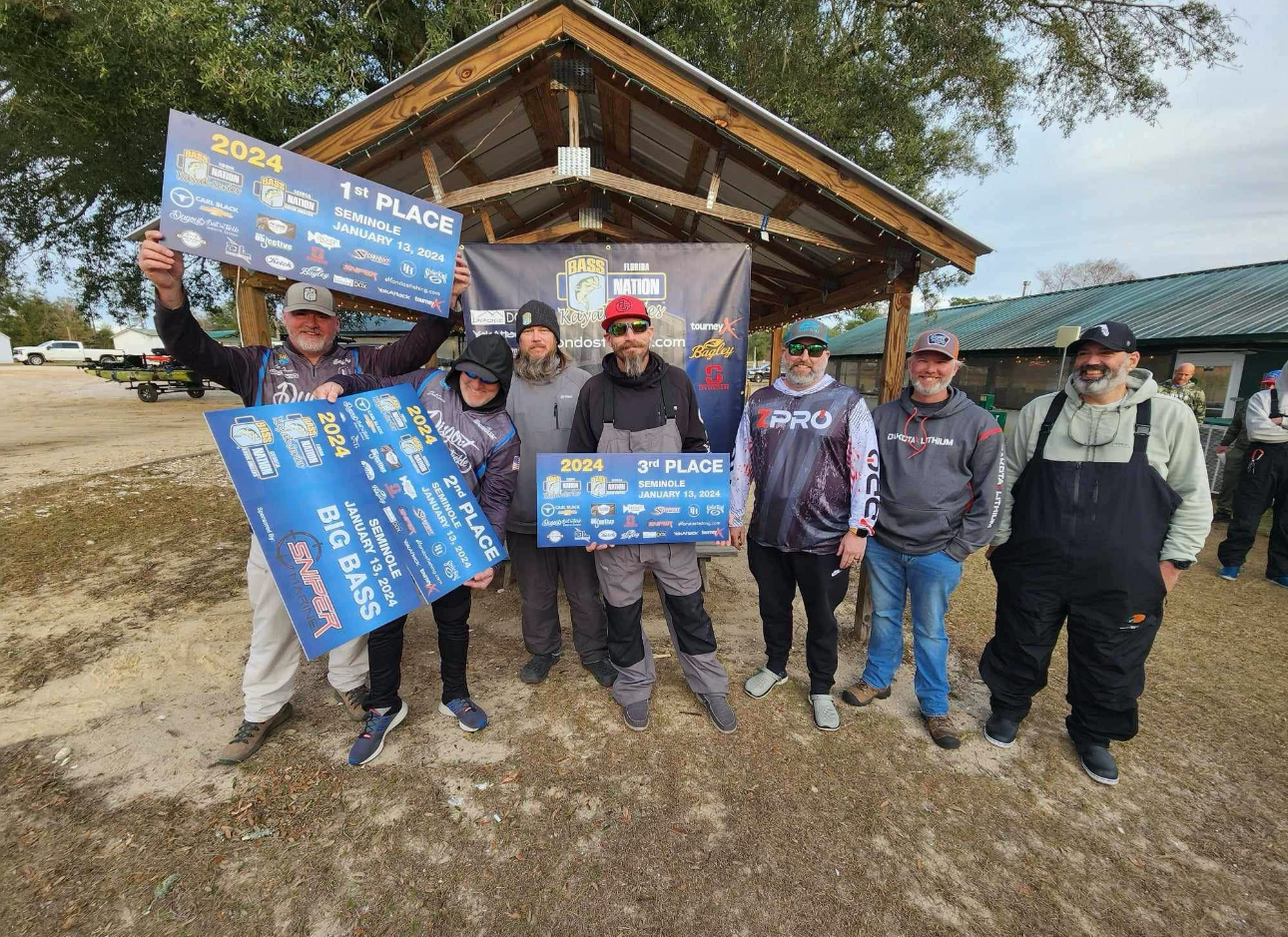 Group of seven men posing outdoors at a kayak fishing tournament in Florida, holding large blue prize checks. One man holds a check for 1st place, another for 3rd place.