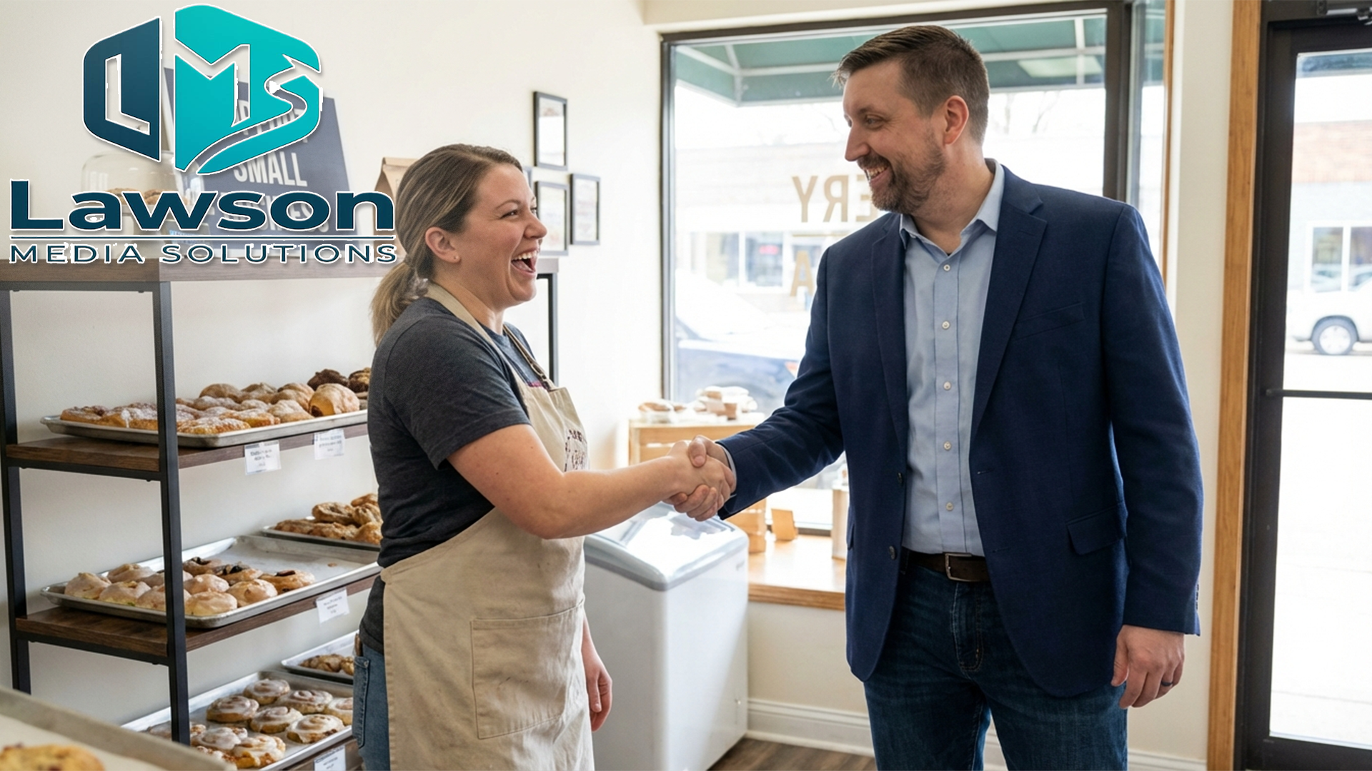 A man in a blue blazer shaking hands with a woman in a bakery, both smiling. Shelves with pastries in the background, Lawson Media Solutions logo in the corner.