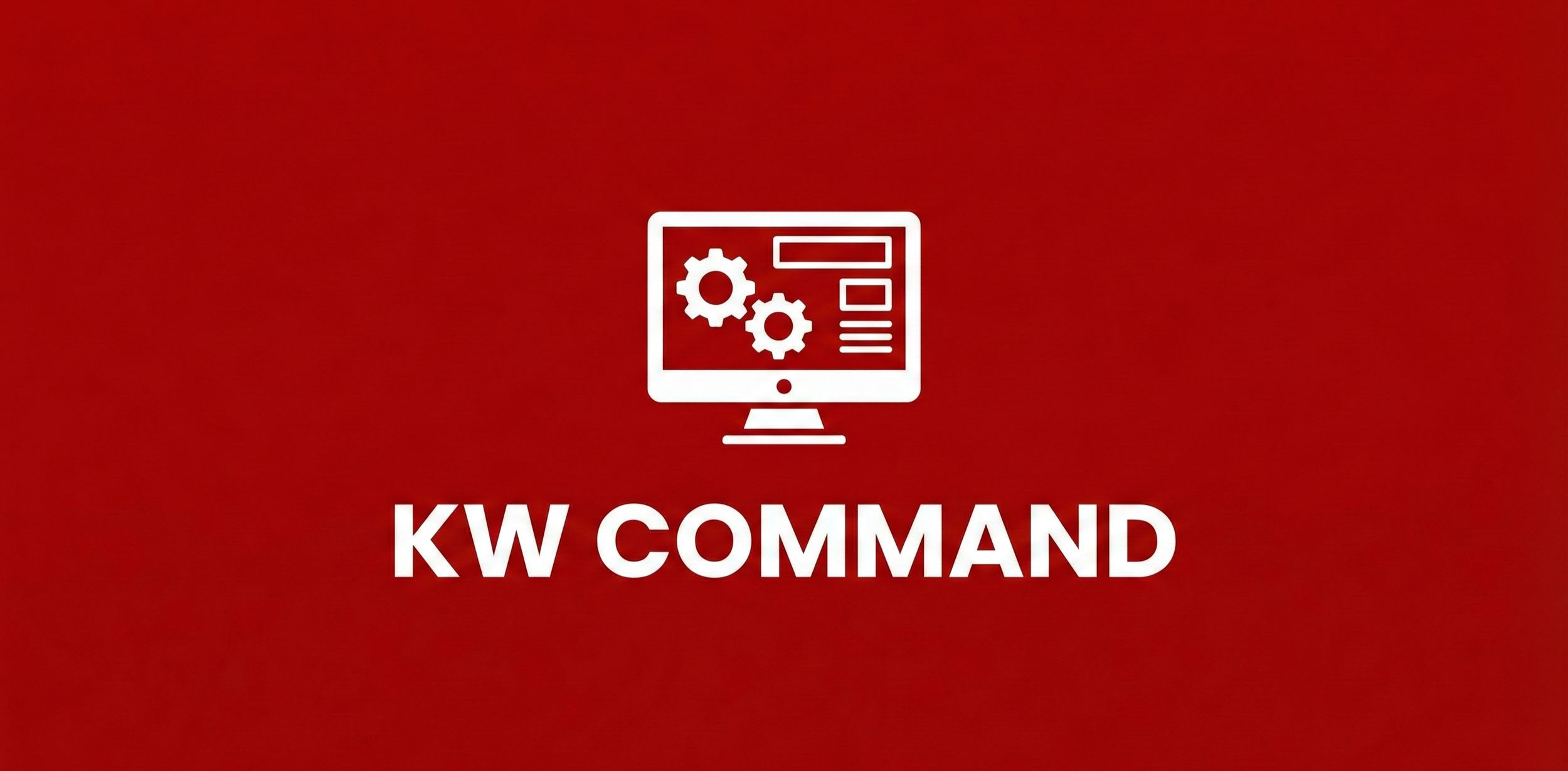 A red background with a white computer monitor icon displaying gears and menu bars, and the text "KW COMMAND" below it.