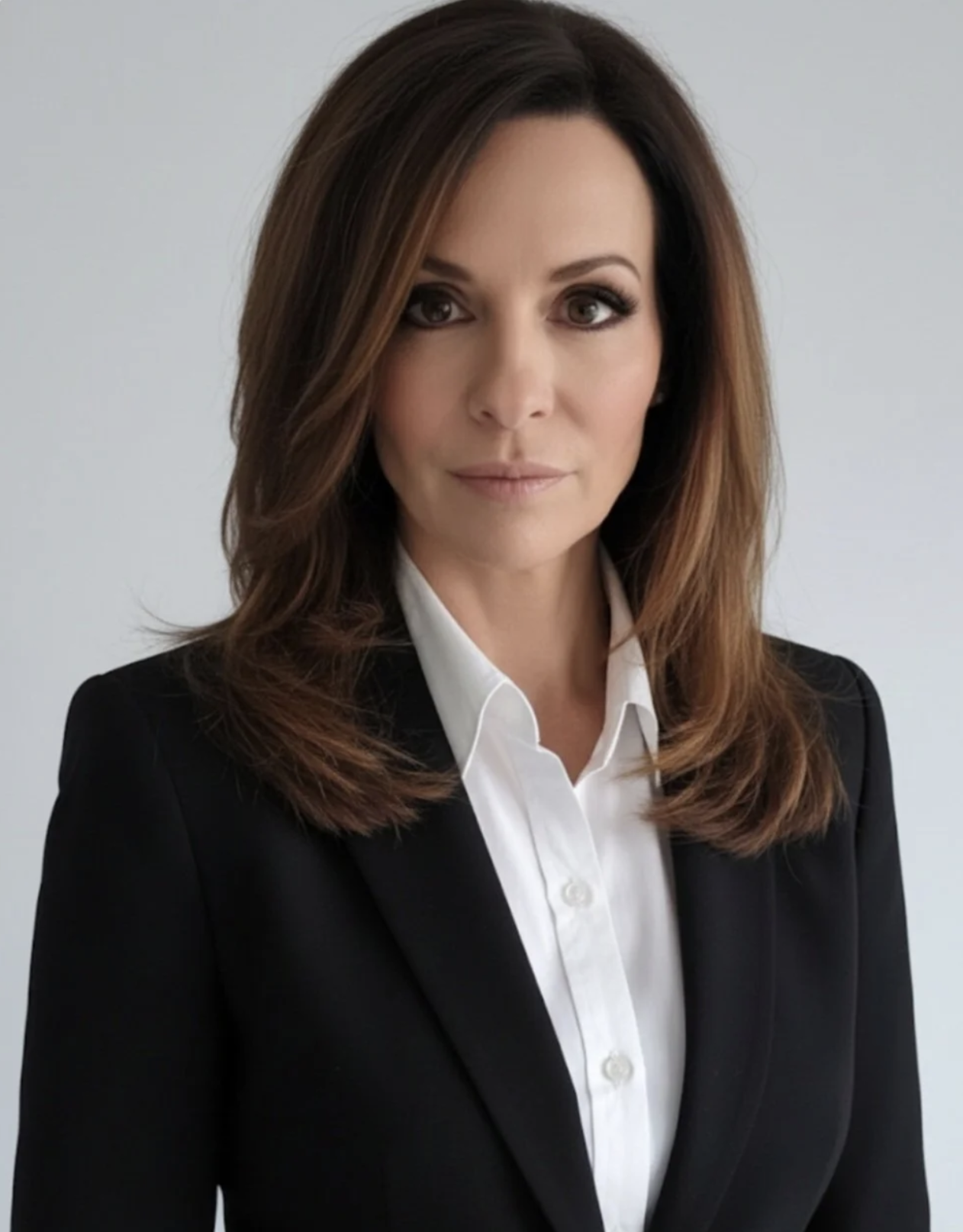 A professional woman with brown hair, wearing a black blazer and white shirt, looking directly at the camera against a plain background.