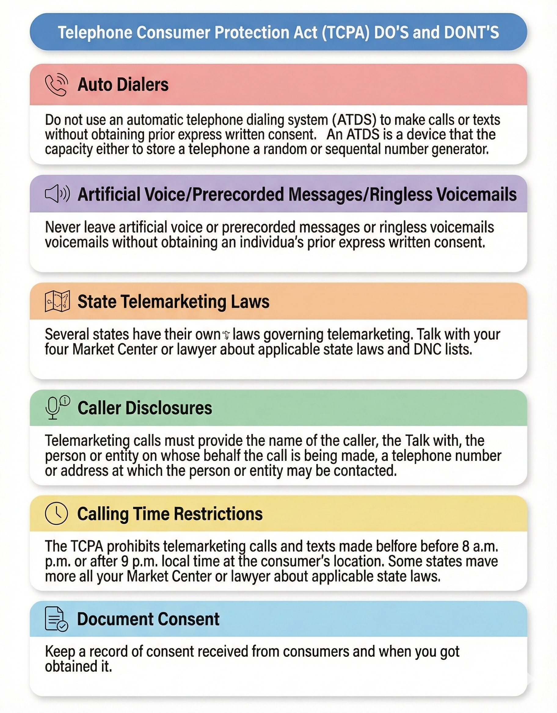 A poster listing do's and don'ts for telemarketing under the Telephone Consumer Protection Act, including sections on auto dialers, artificial voice messages, state laws, caller disclosures, calling time restrictions, and document consent.