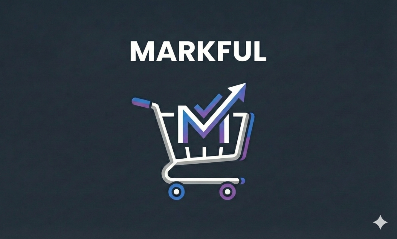 Digital illustration of a shopping cart with upward trending check mark, symbolizing growth and success in shopping or sales, with the word 'MARKEFUL' above.
