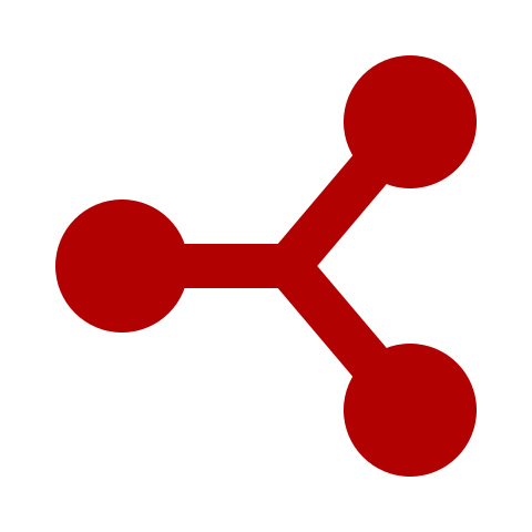 Red molecular structure icon on a black background.