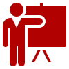 Red icon of a person pointing at a presentation board