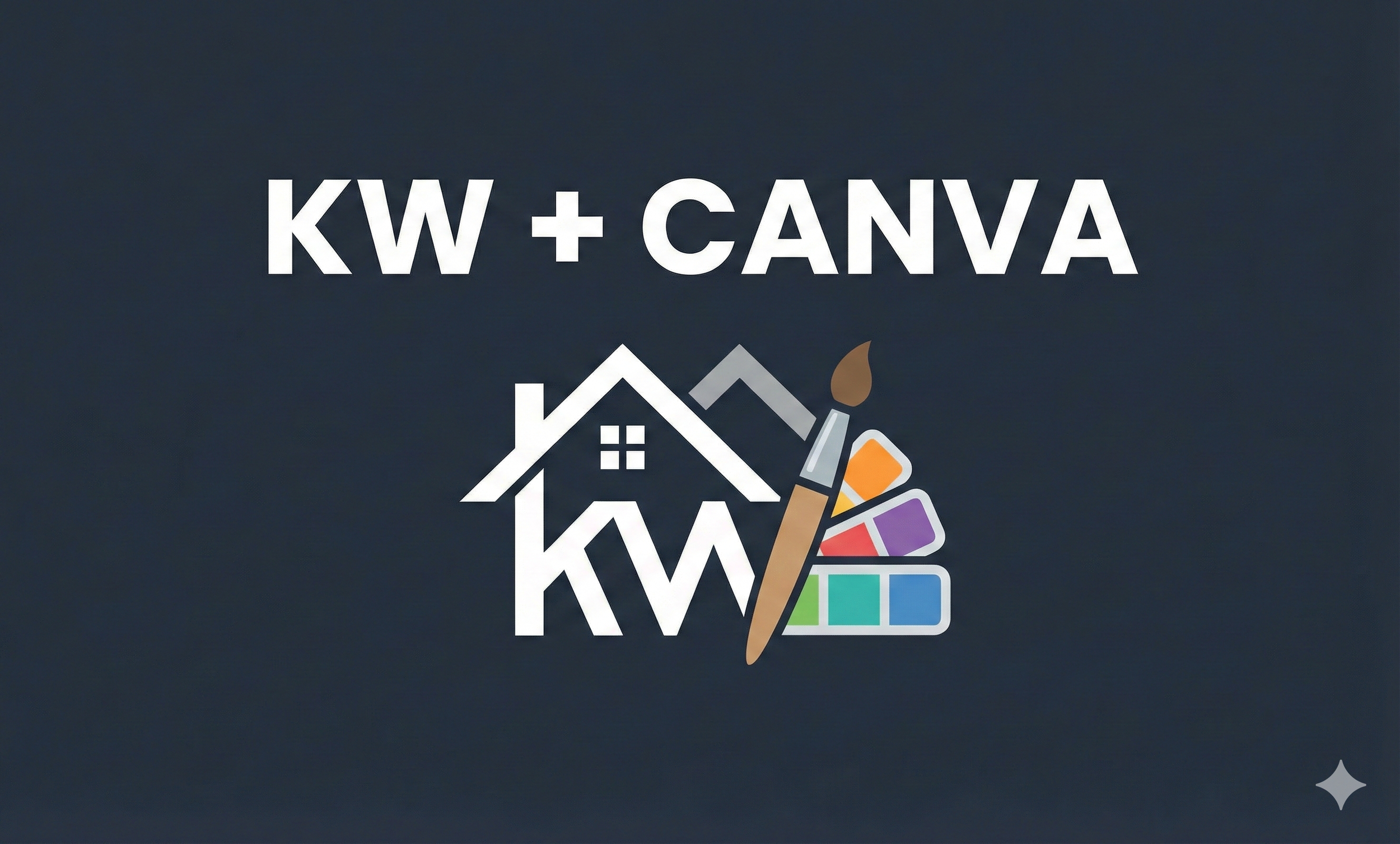 Logo reading 'KW + CANVA' with a house illustration, a paintbrush, and a palette of colorful paint