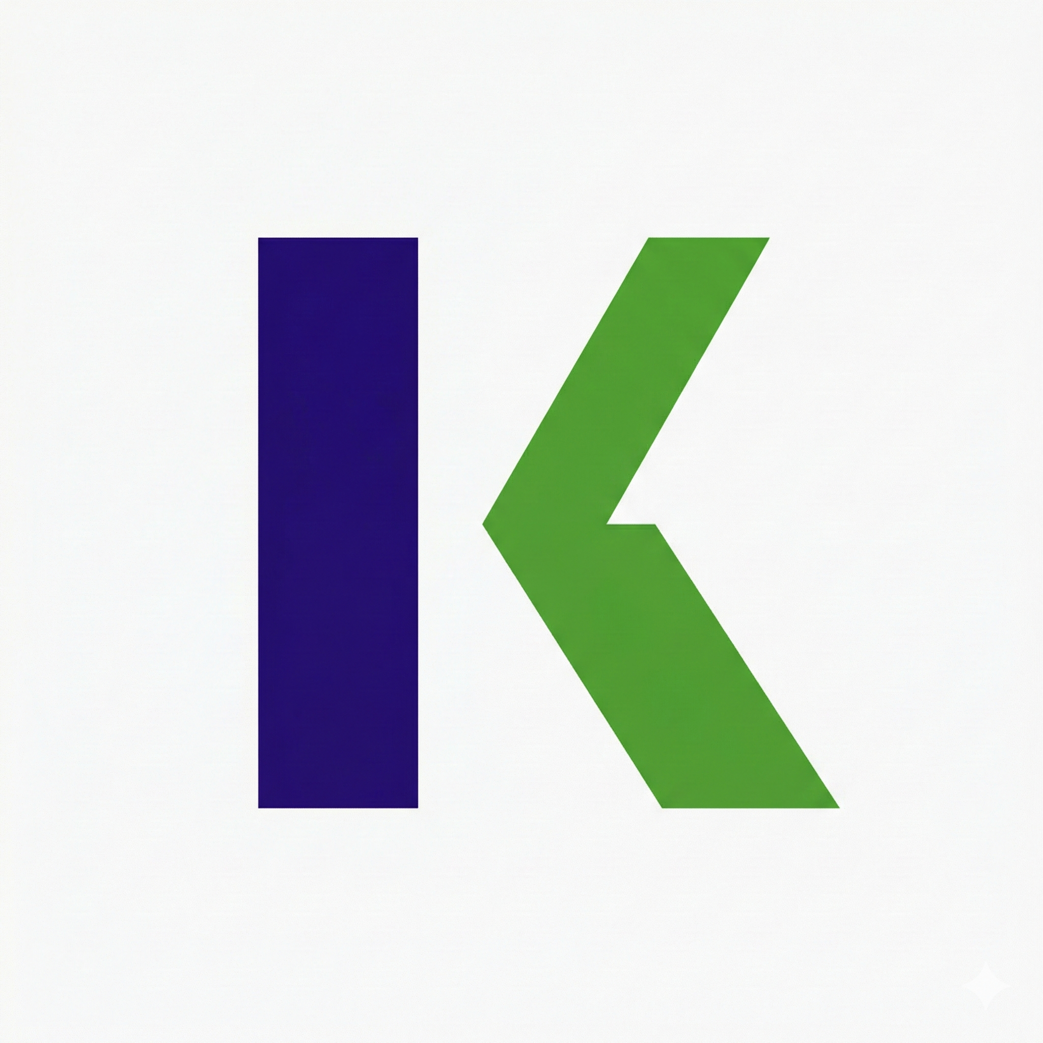 A stylized letter K, with the left part in dark blue and the right part in green, on a light background.