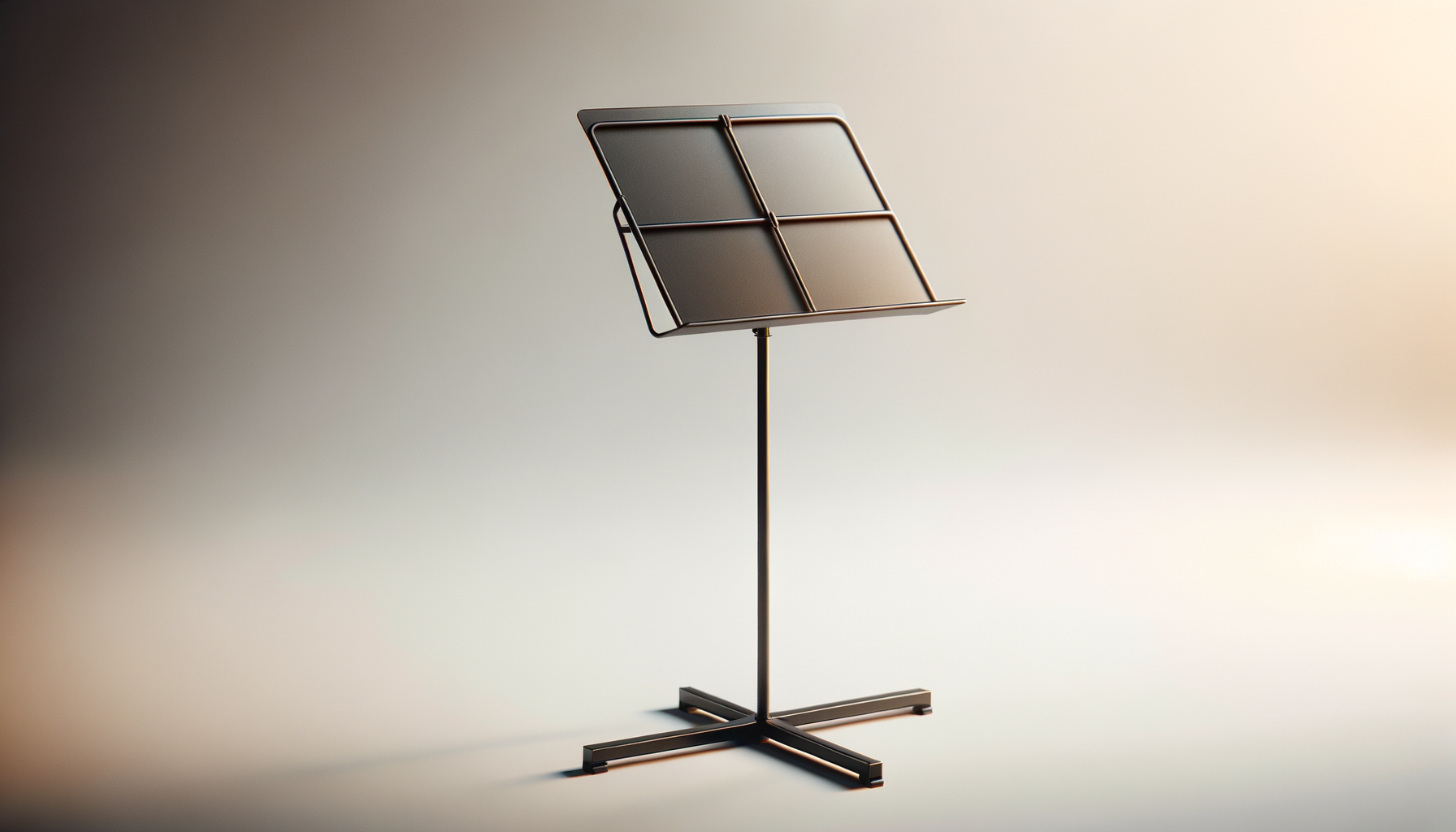 Empty metal music stand with adjustable height and a four-legged base, set against a neutral background.