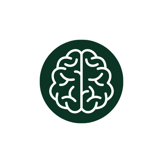 A stylized white brain icon inside a dark green circle on a black background.