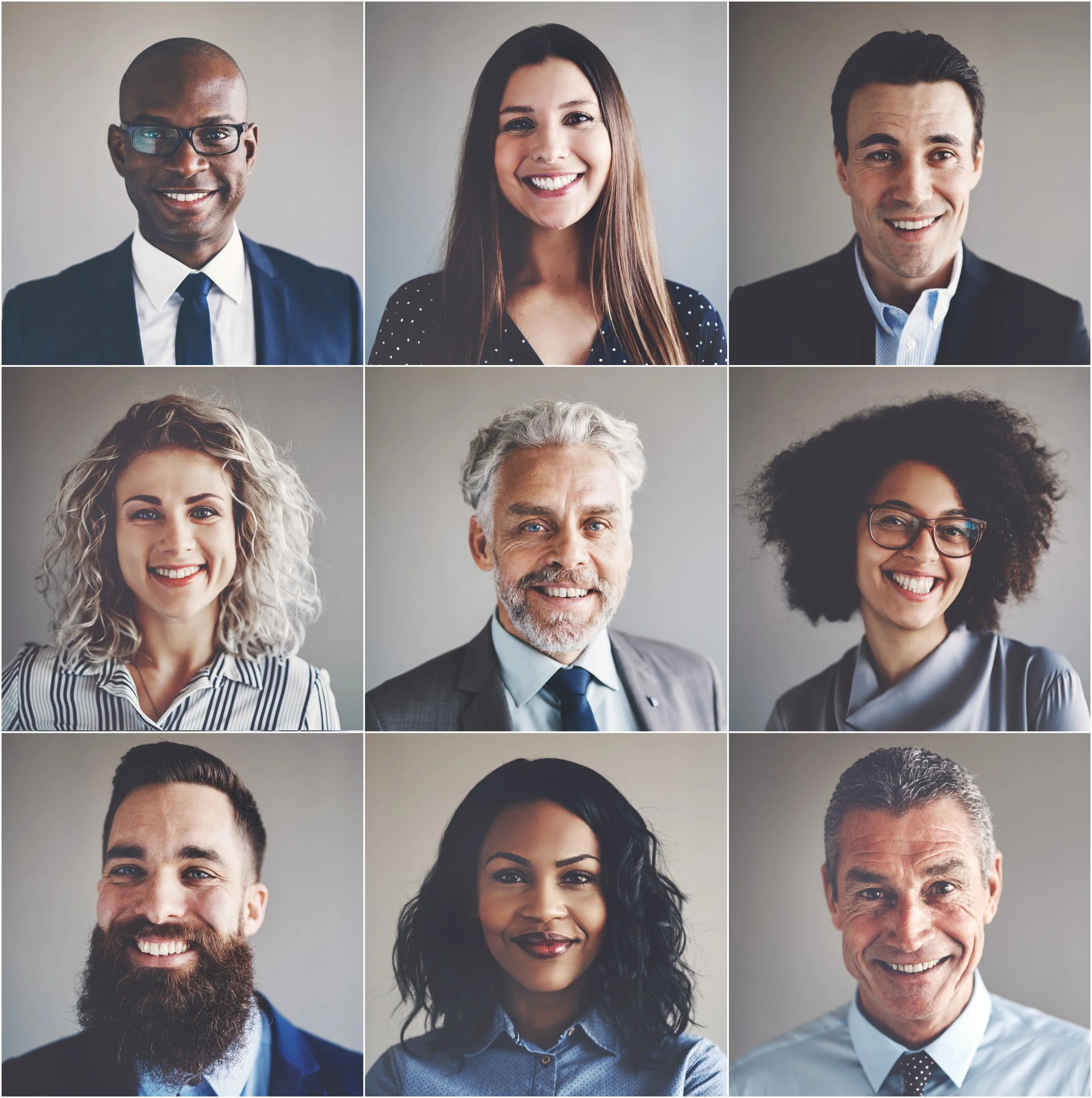Collage of nine professional headshots of diverse individuals smiling, including men and women of varying ages and ethnicities, against neutral backgrounds.