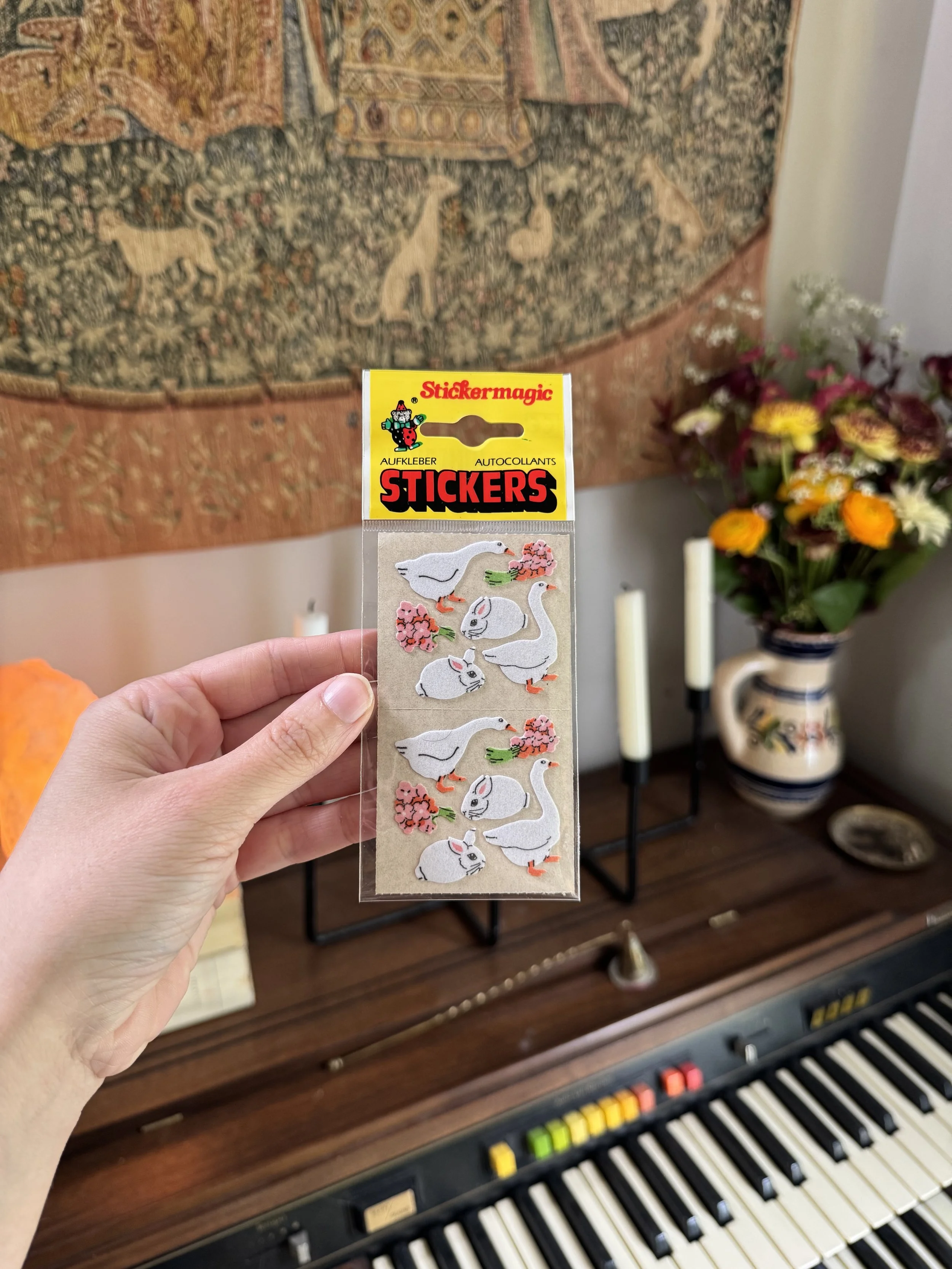 Stickers vintage - oies et lapins du jardin (peluche)
