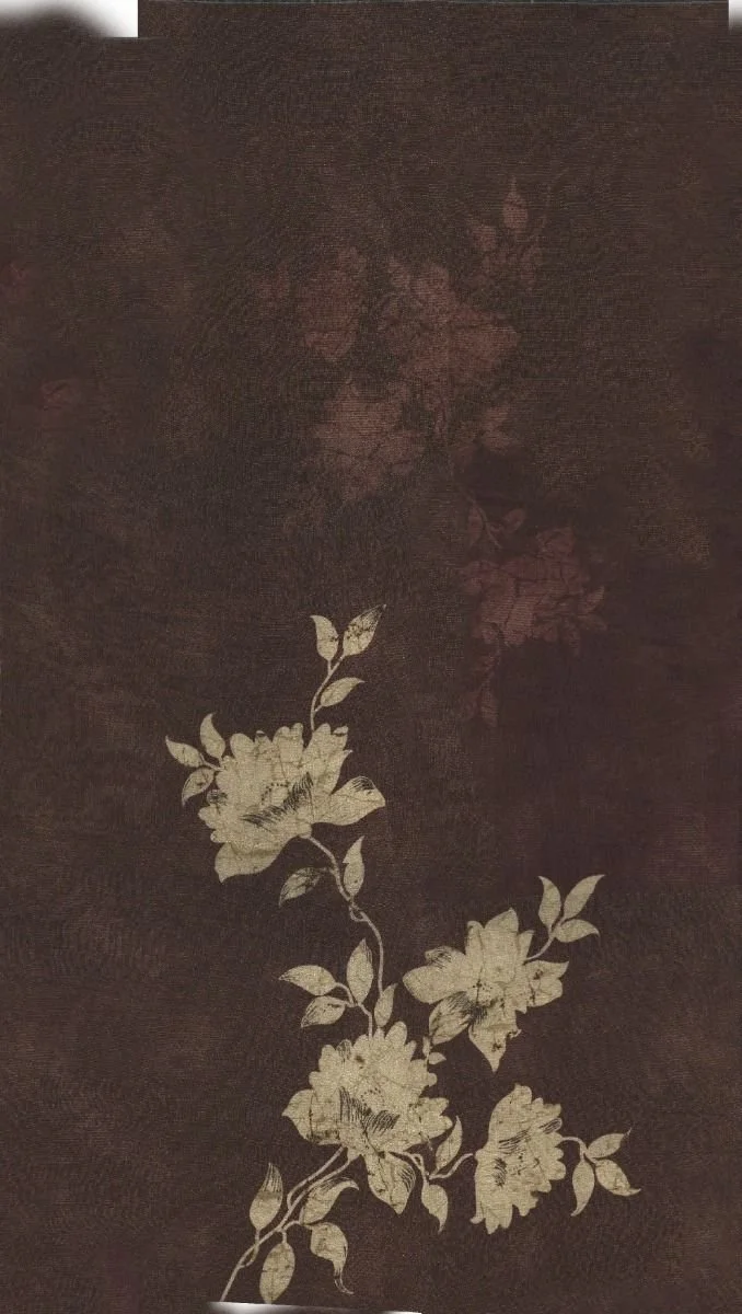 Dark background with a beige floral design featuring flowers and leaves.